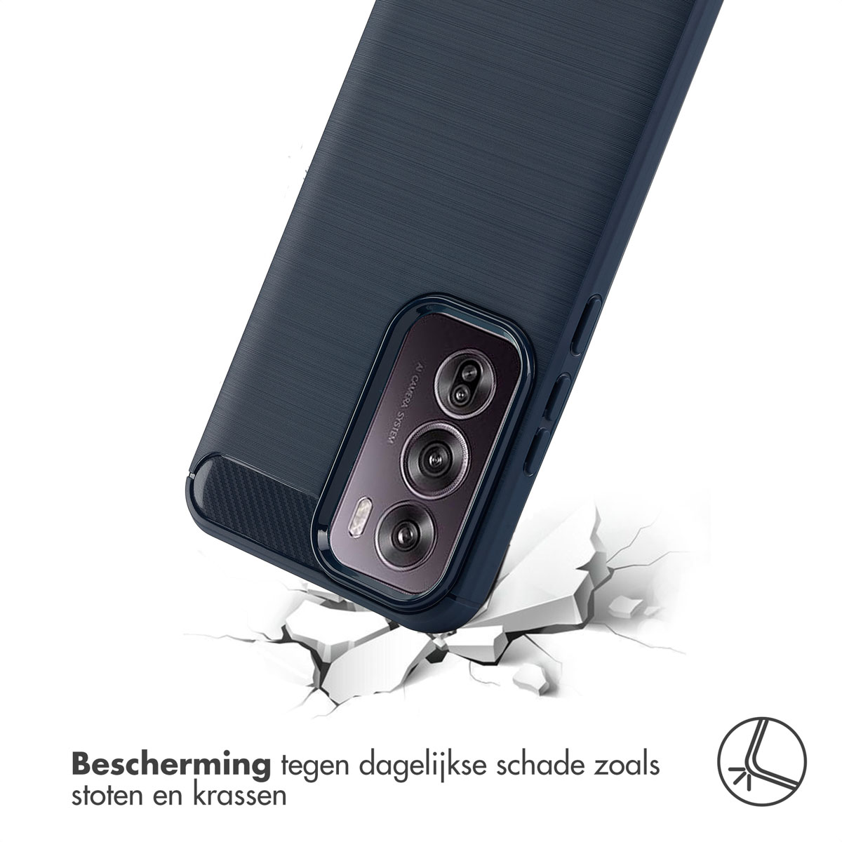 Une coque de téléphone protégeant un téléphone. La coque est bleu foncé avec une finition texturée. Fragments blancs.
