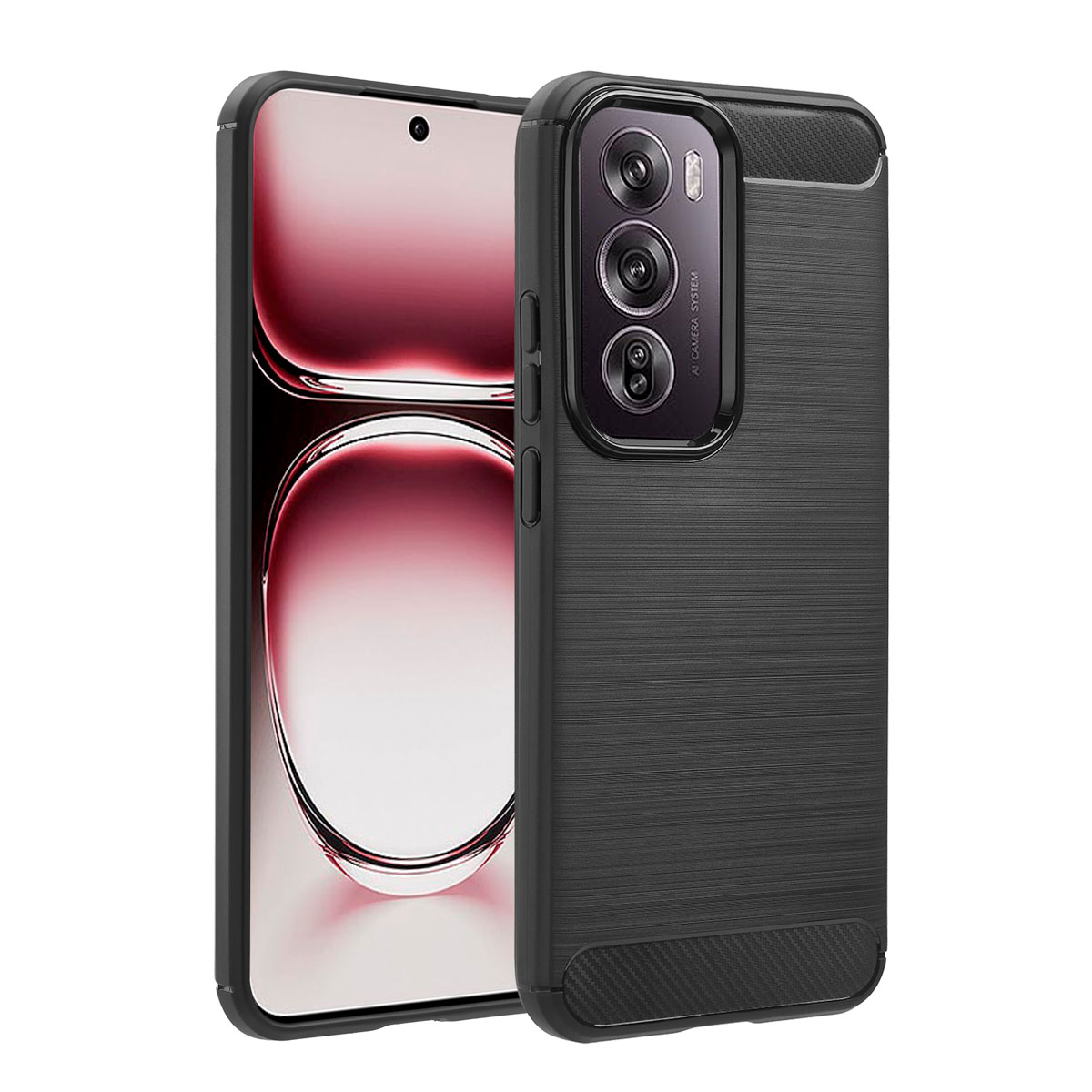 Coque de téléphone noire avec dos texturé, un téléphone est visible. La coque a une protection d'appareil photo.