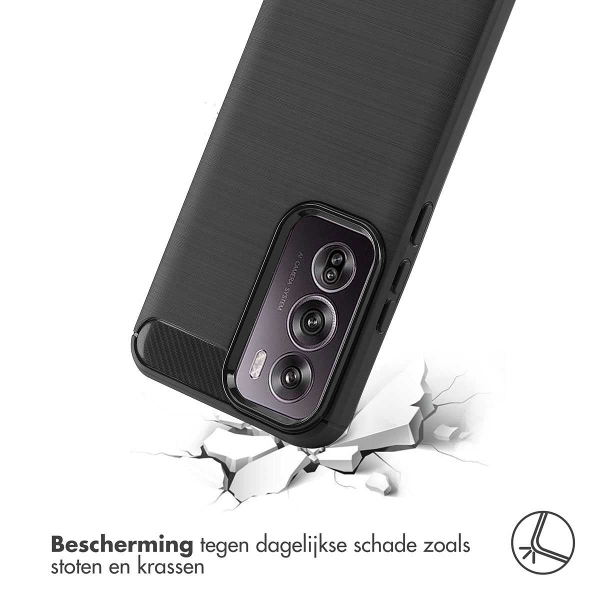 Coque noire avec trois caméras. La coque est sur fond blanc. Texte : Protection contre les dommages.