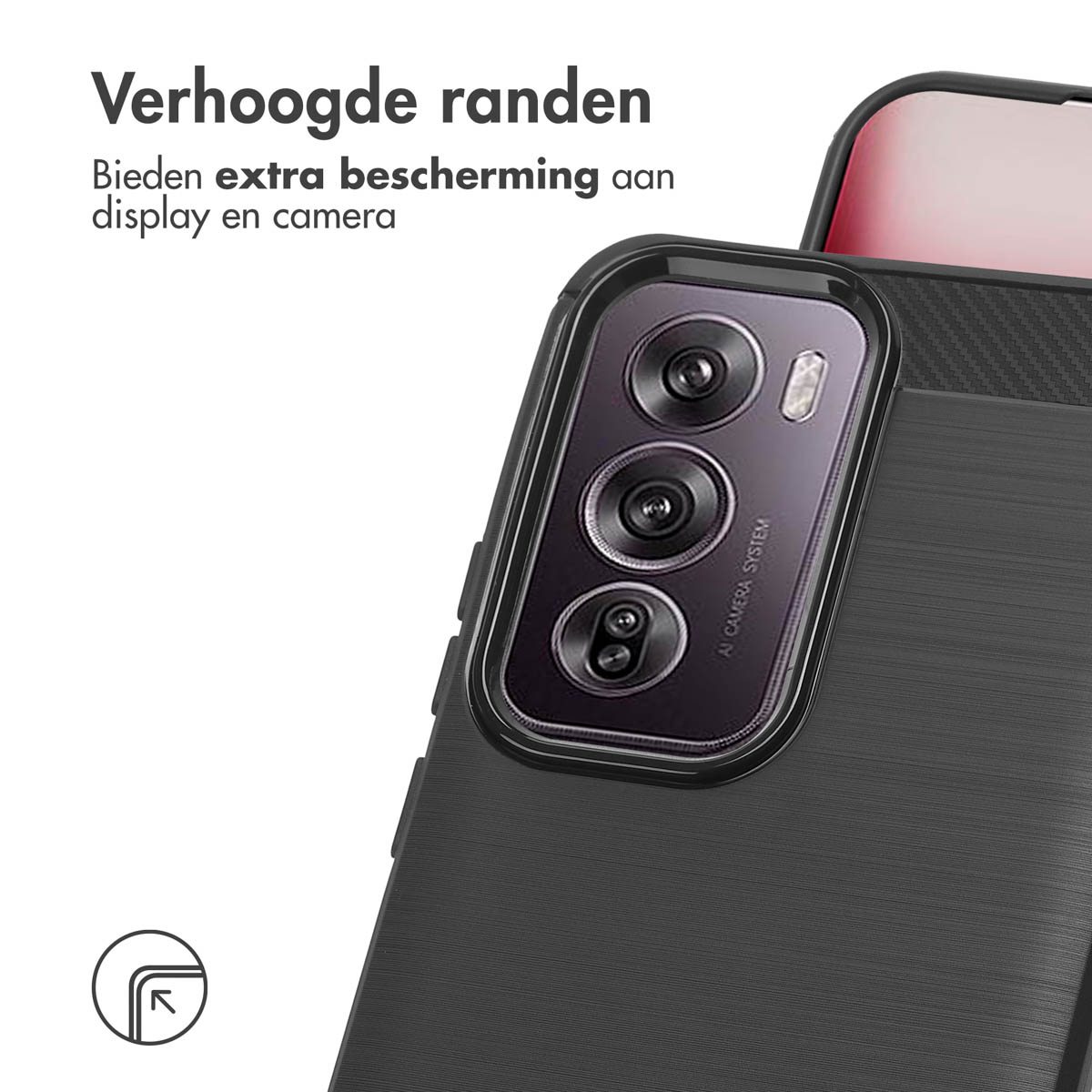Une coque de téléphone noire avec une bosse pour l'appareil photo. Le téléphone est partiellement visible.