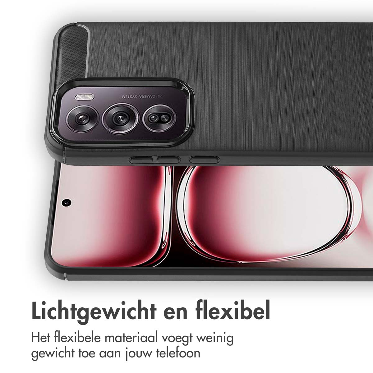 Un téléphone noir avec un dos texturé est montré avec l'étui. Le texte dit léger et flexible.