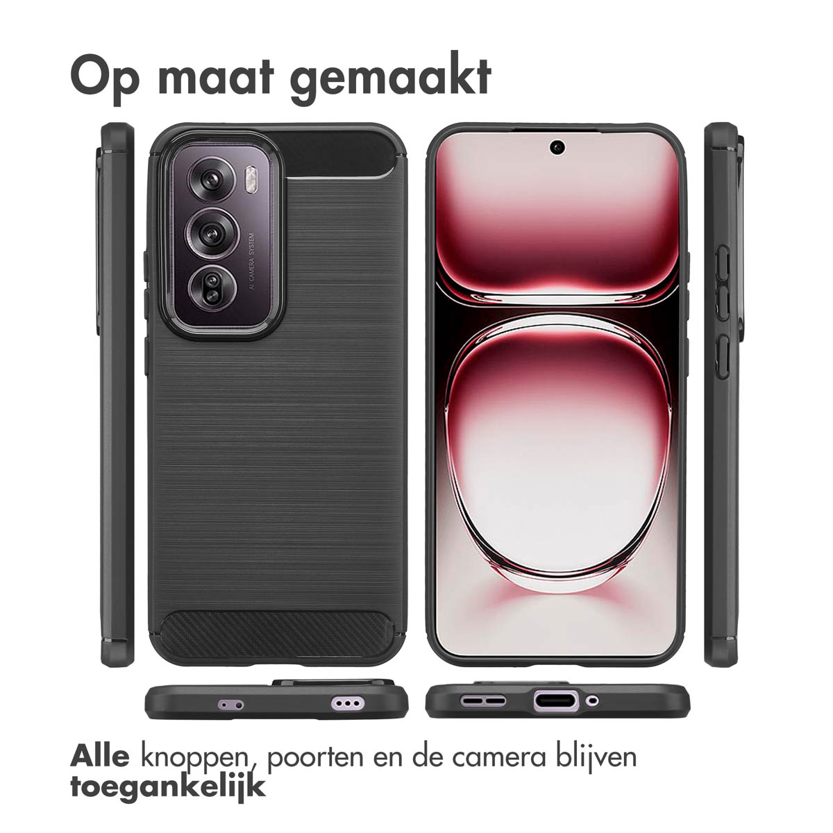 Coque de téléphone noire montrée avec le téléphone sous plusieurs angles, y compris les vues avant, arrière et latérales.