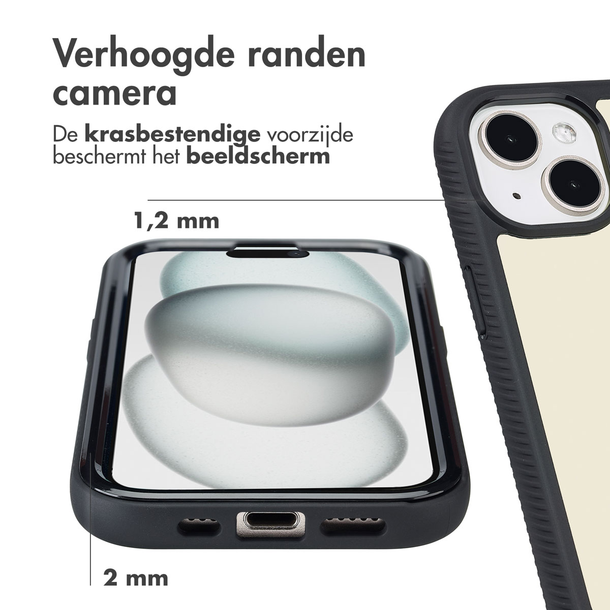 Close-up of a black phone case with a cream-colored back. Text about camera protection is visible.