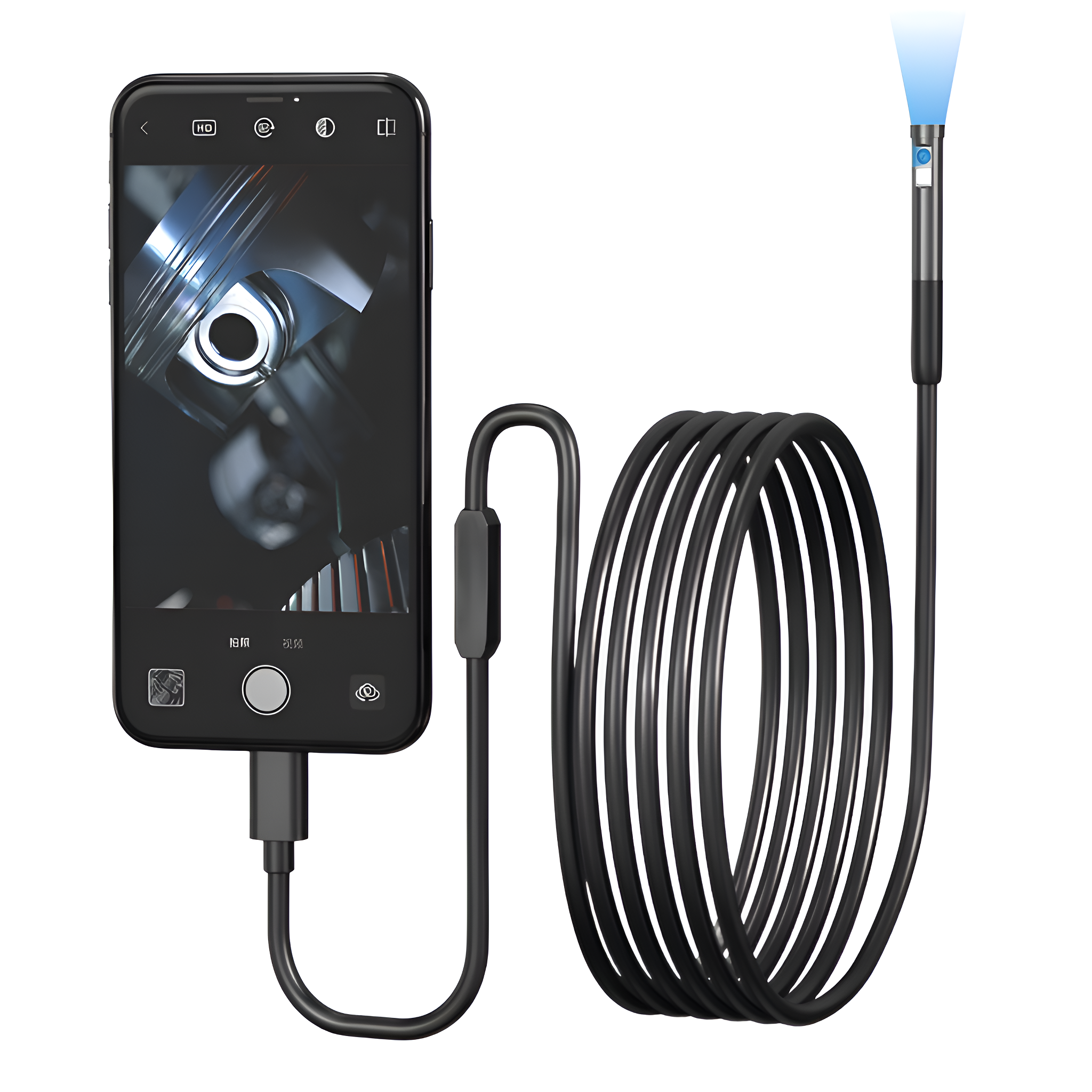 Ein Endoskop, das mit einem Smartphone verbunden ist und ein Maschinenteil anzeigt. Das Endoskop hat ein Licht.