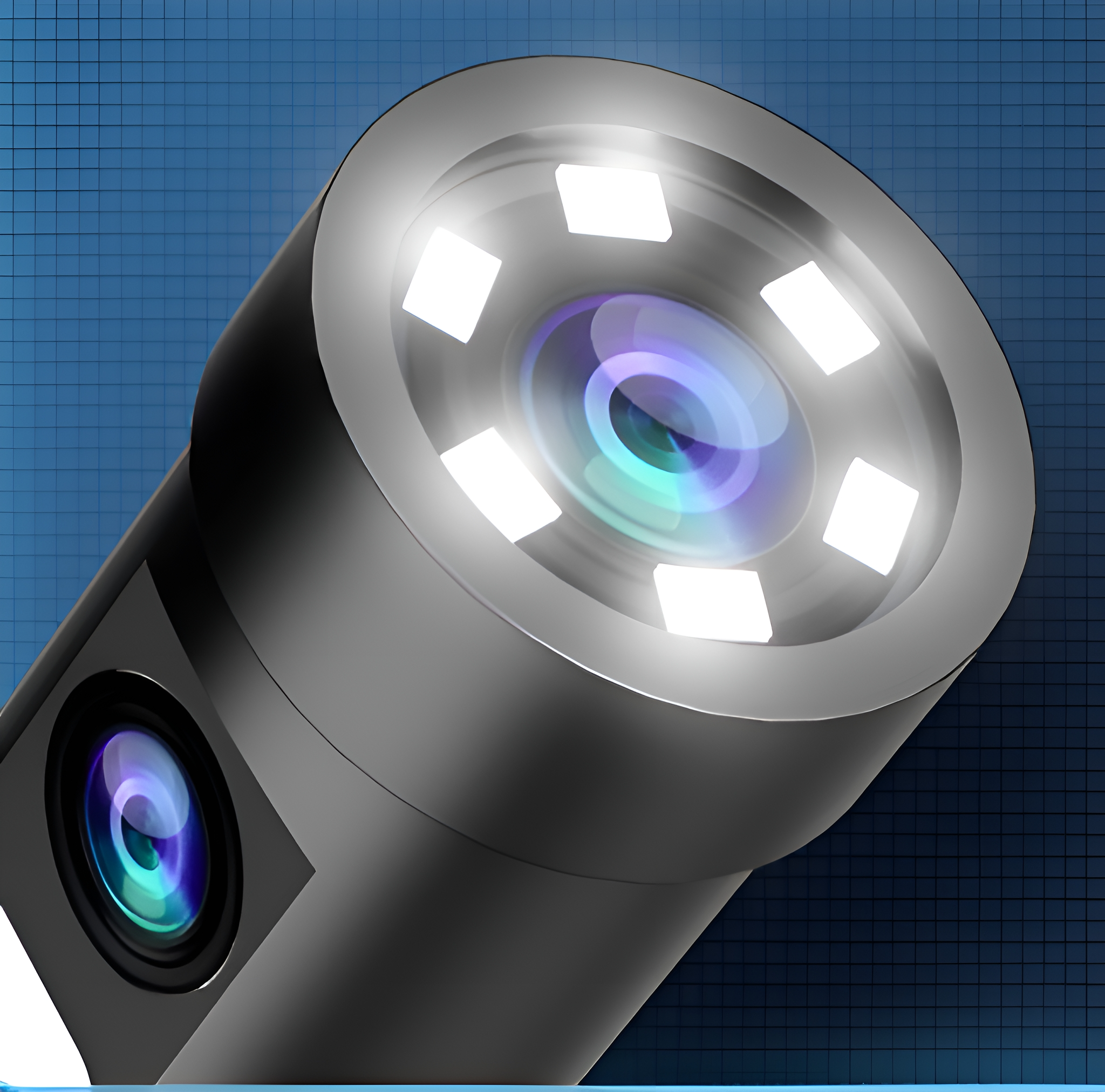 Nahaufnahme einer Endoskopkamera mit hellen LED-Leuchten. Die Linse ist im Fokus.