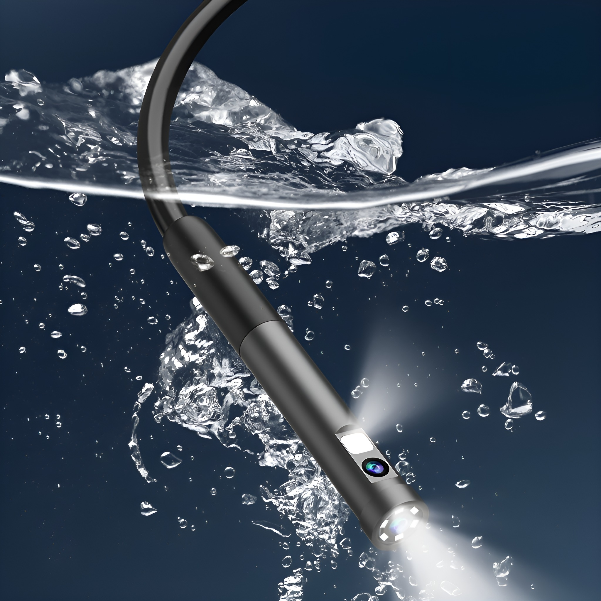 Ein schwarzes Endoskop, das in Wasser getaucht ist, mit Blasen und Licht.