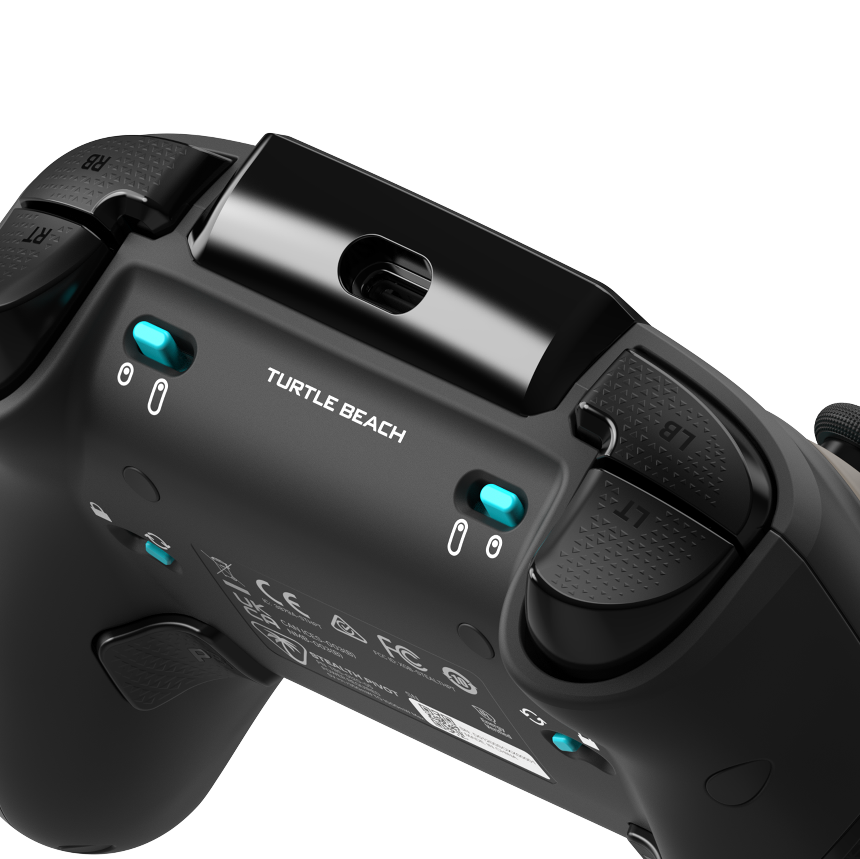 Primo piano di un controller di gioco nero con pulsanti blu, che mostra il logo Turtle Beach.