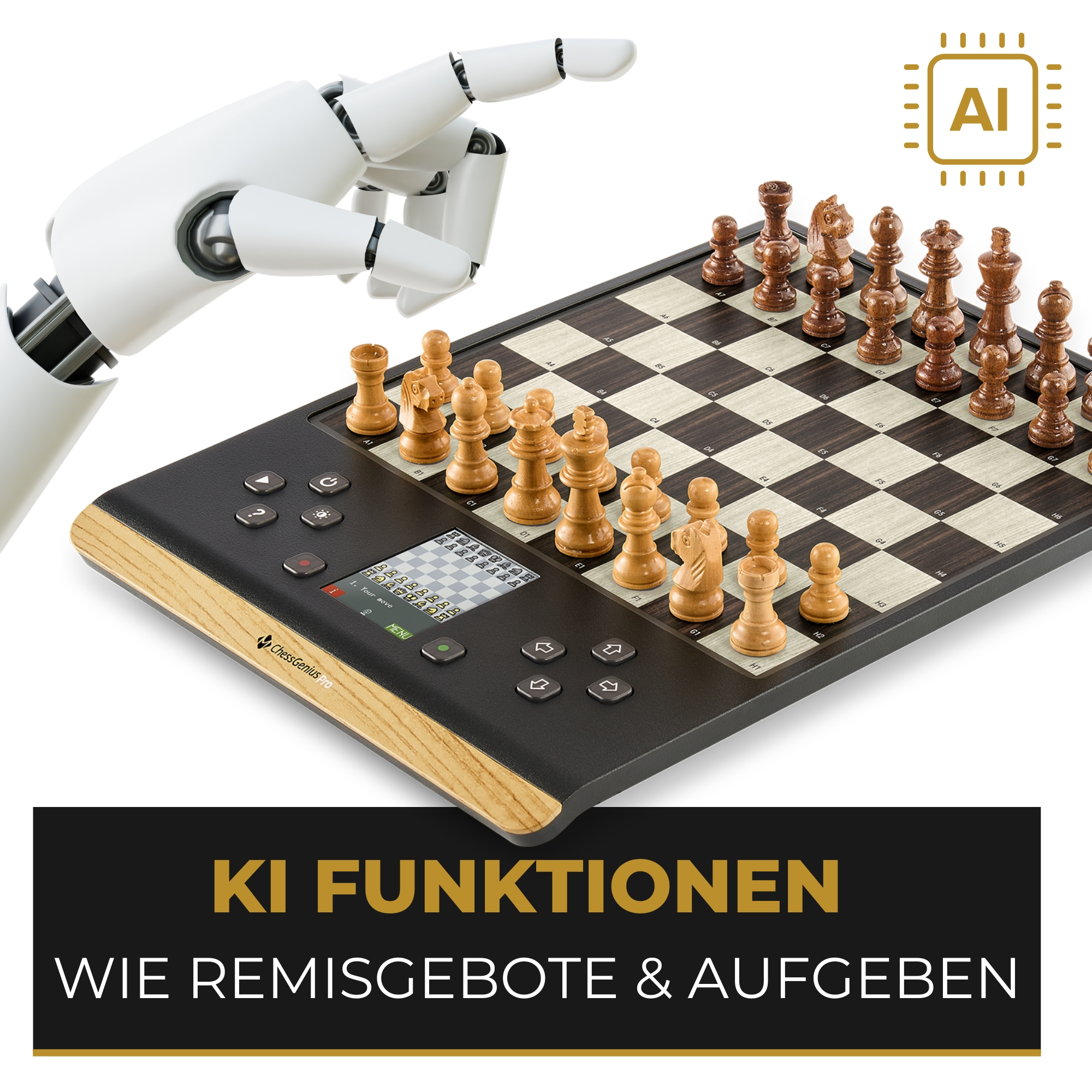 Schachbrett mit Figuren und Roboterhand, die darauf zeigt.