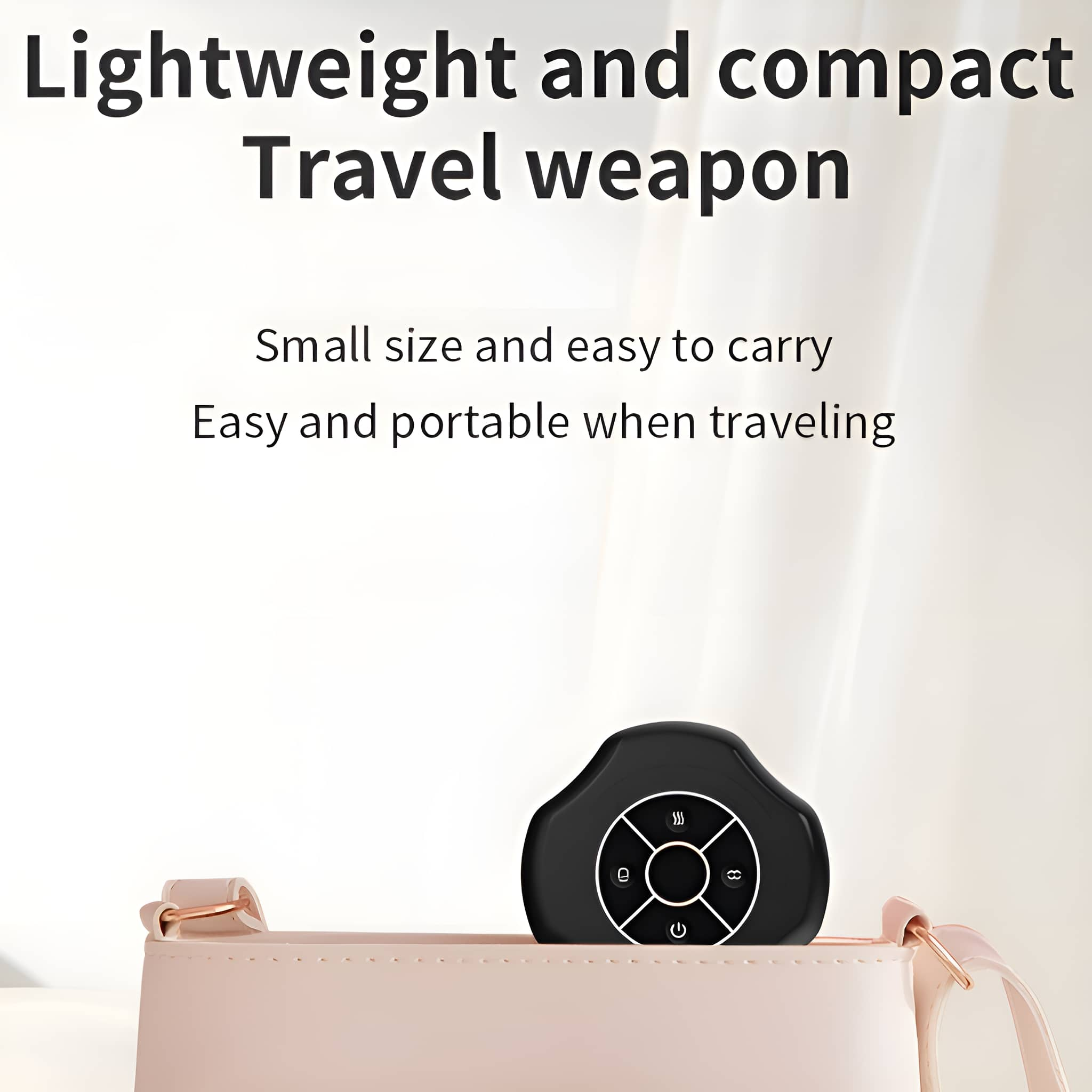 Schwarzes Massagegerät in einer rosa Tasche. Text: 'Leicht und kompakt Reise-Waffe'.