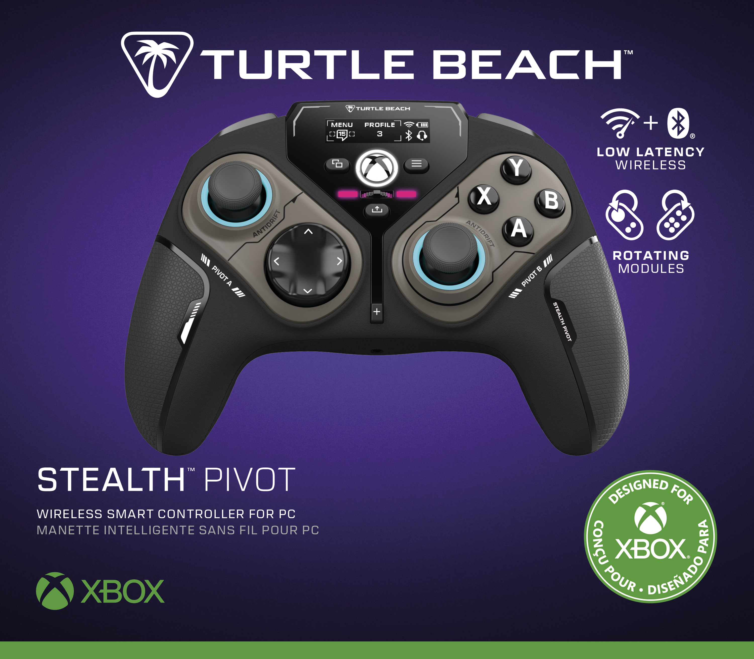 Un controller di gioco nero e grigio. Ha più pulsanti e joystick. È etichettato Stealth Pivot.
