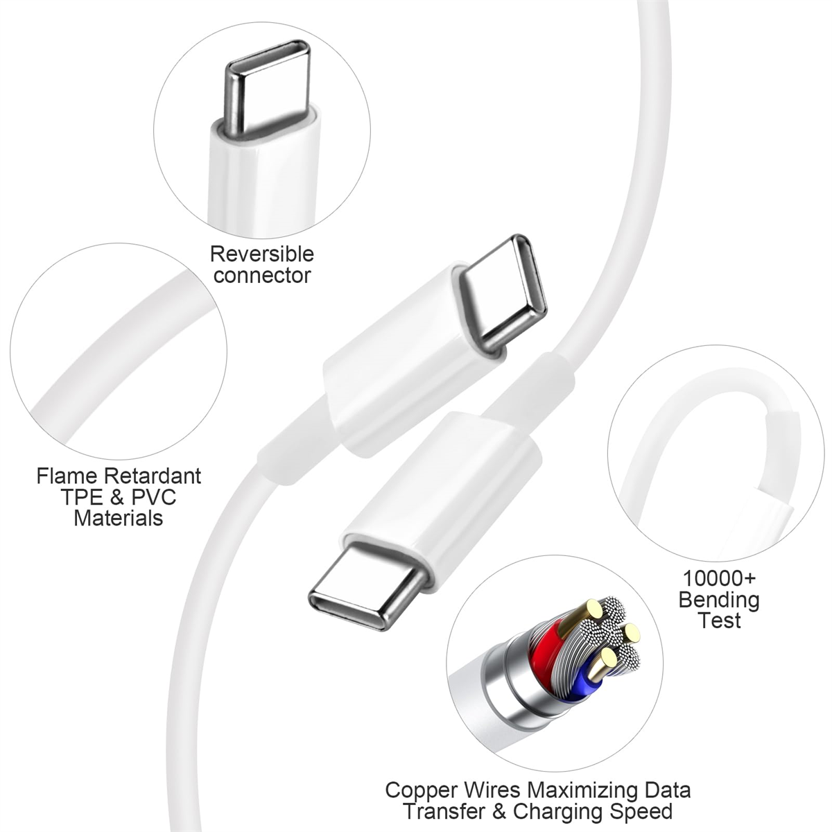 Weiße Telefonladekabel mit reversiblem USB-C-Anschluss und Kupferdrähten.