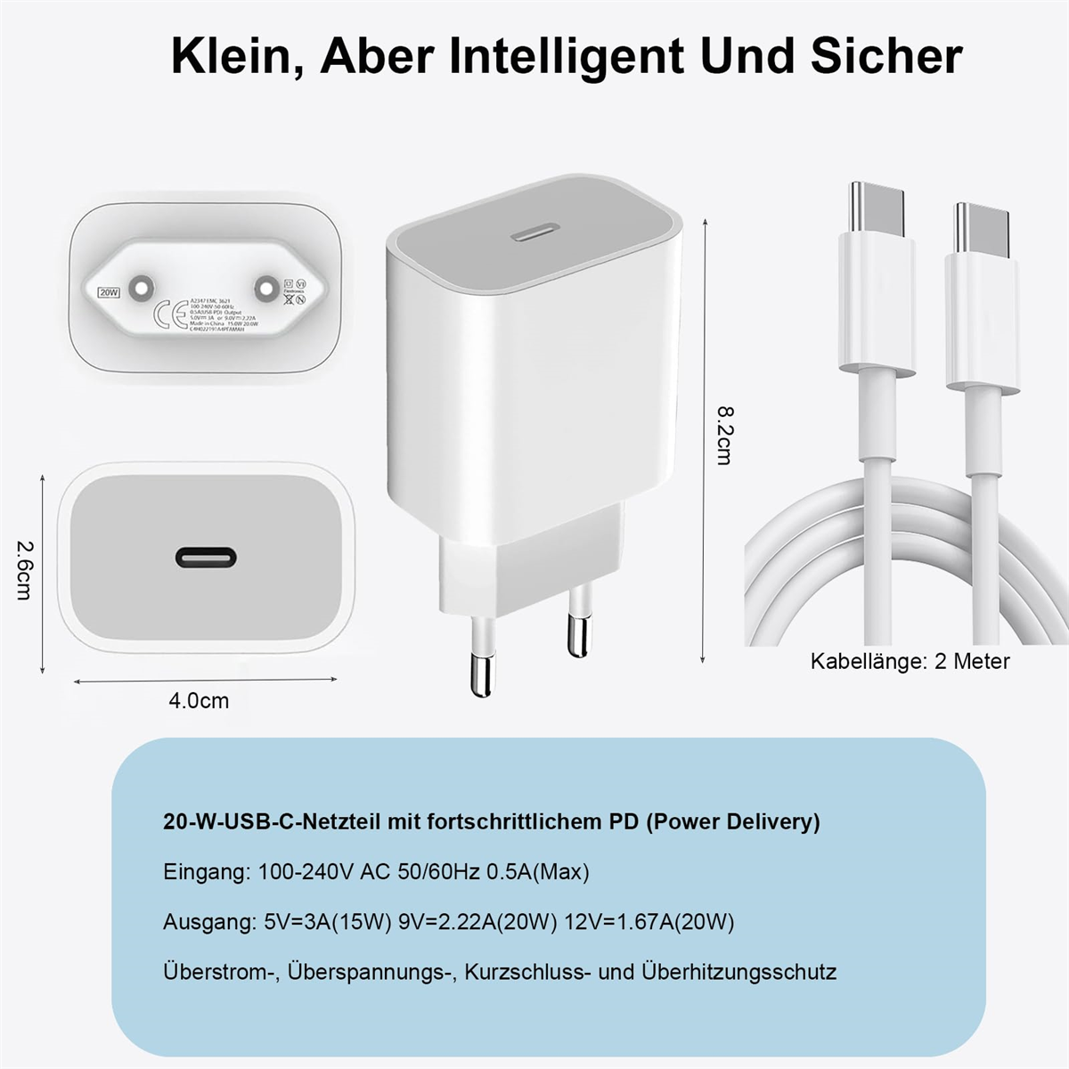 Weißes Ladegerät mit USB-C-Anschluss, Kabel und Spezifikationsetikett. Text lautet 'Klein, Aber Intelligent Und Sicher'.