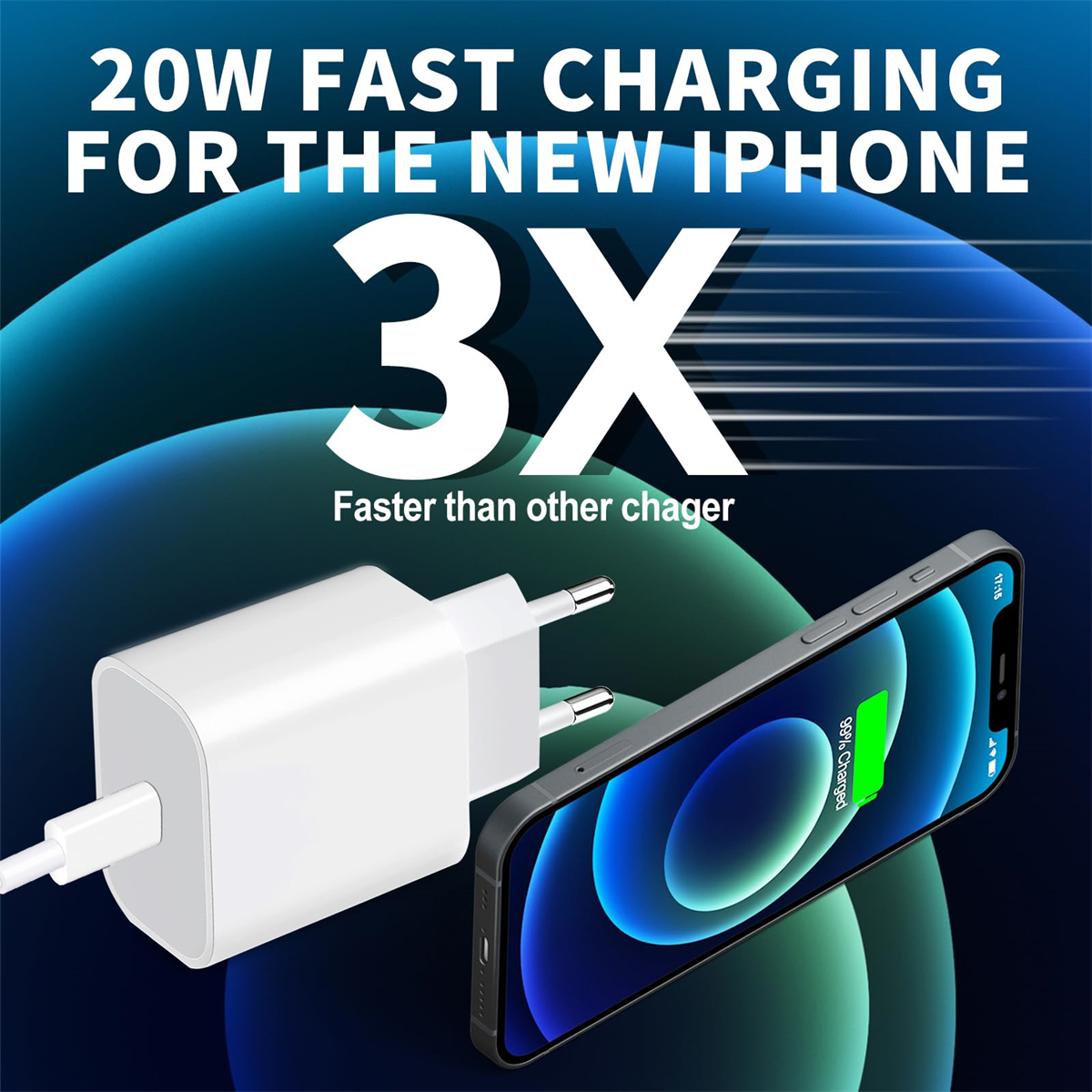 Ladegerät und Telefon mit 99% Akku. Text: 20W Schnellladung für das neue iPhone.