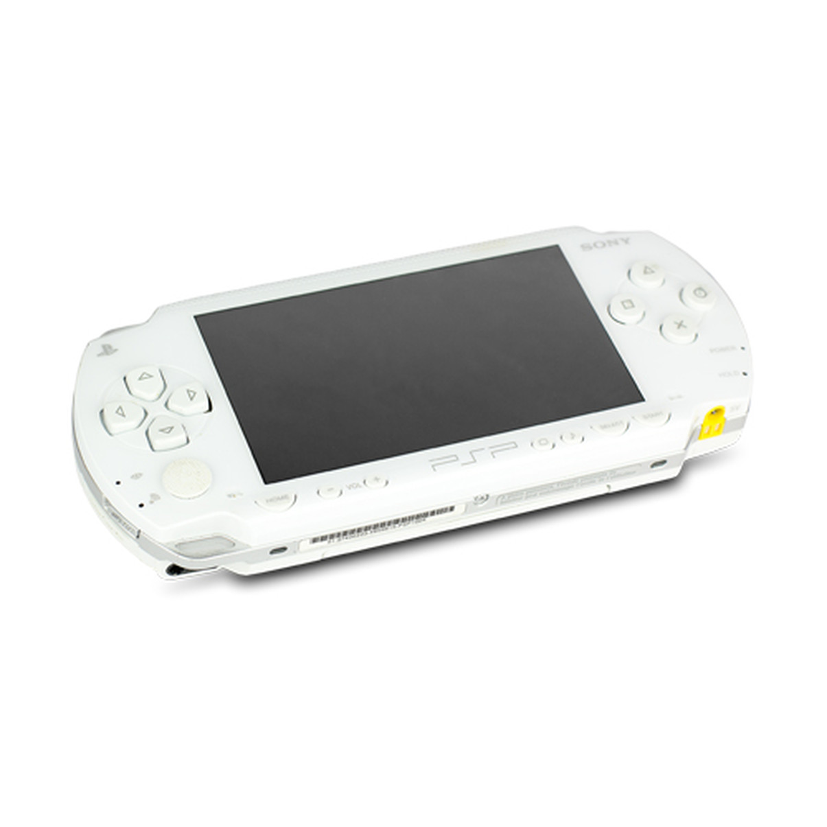 Console portatile Sony PSP bianca, con pulsanti e schermo, su superficie bianca.