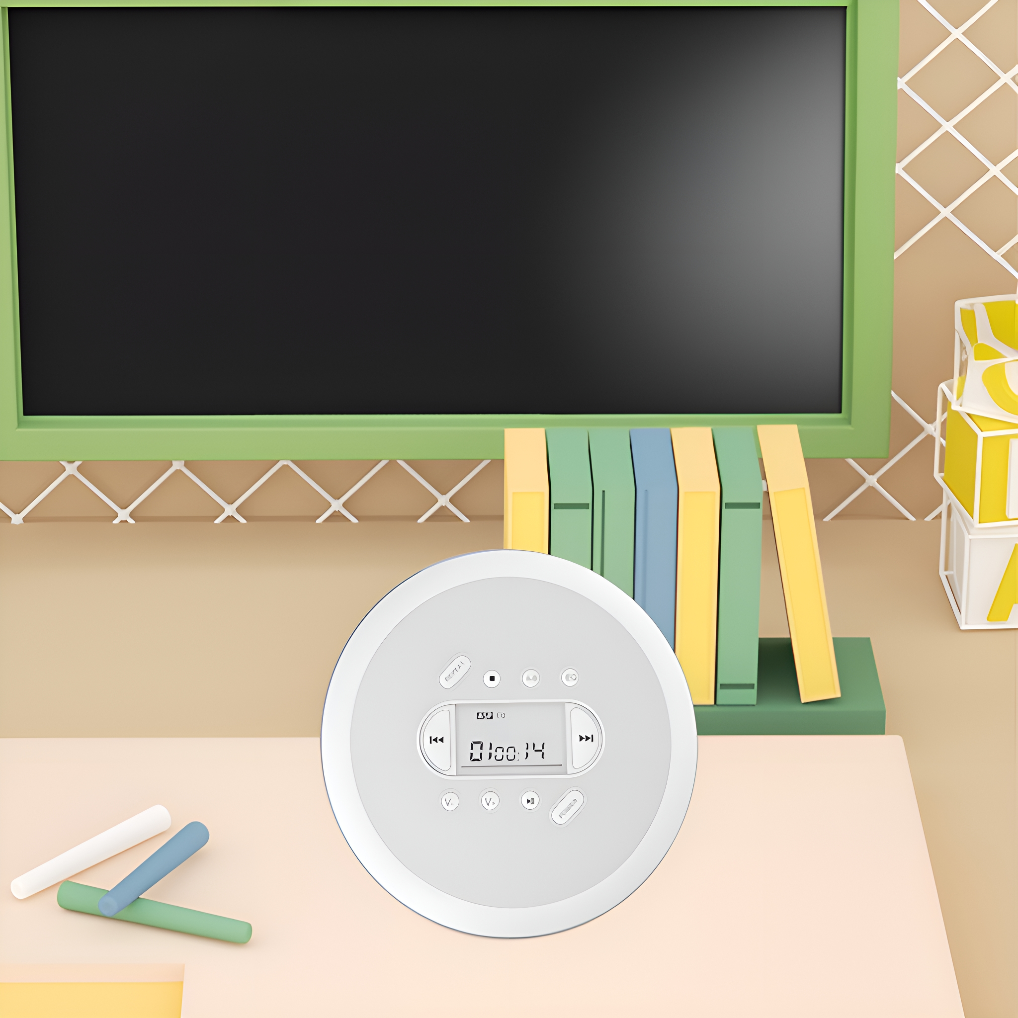 Ein weißer CD-Player mit Bildschirm und Knöpfen vor einer Tafel mit Büchern.