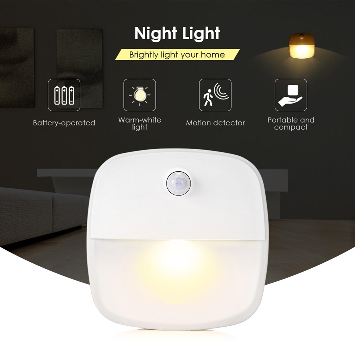 Weißes Nachtlicht mit Bewegungsmelder, batteriebetrieben, warmes Licht, kompaktes Design.