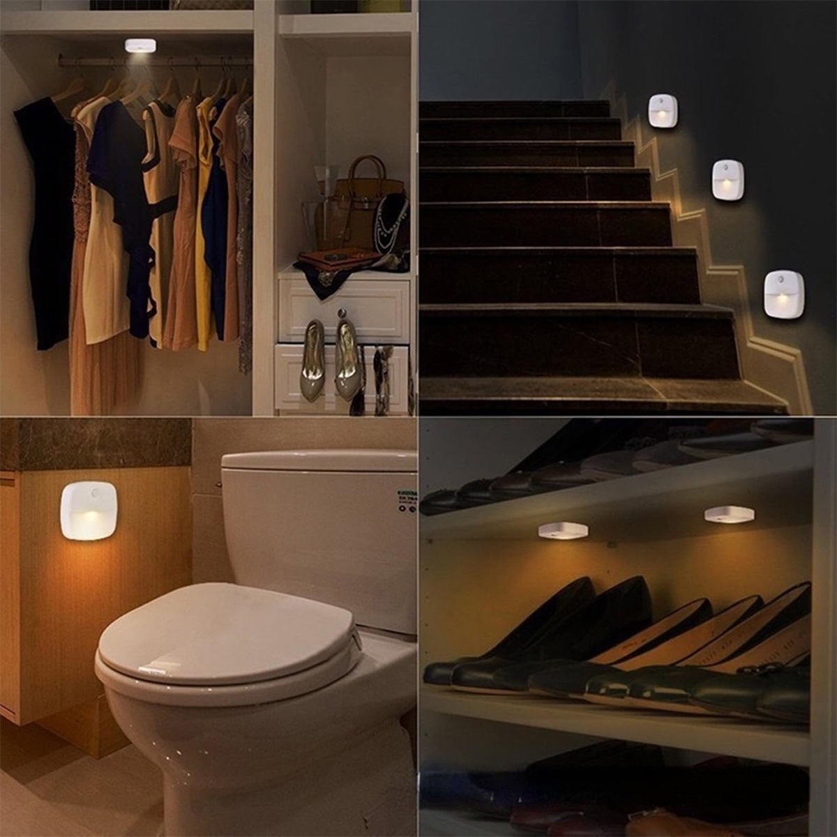 Verschiedene Szenen mit kleinen, weißen Bewegungssensorlichtern in einem Schrank, auf Treppen und in einem Badezimmer.