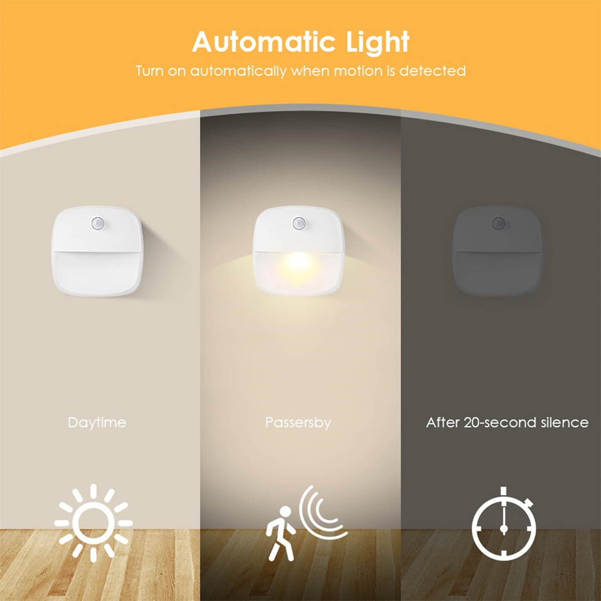 Drei Bilder zeigen einen weißen Lichtsensor unter verschiedenen Lichtbedingungen.