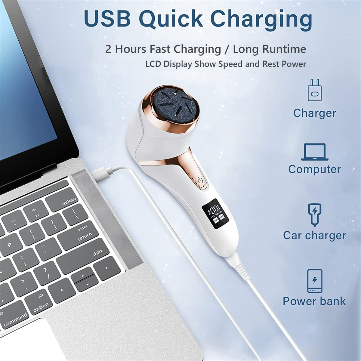 Fußpflegegerät an Laptop angeschlossen. Gerät hat Display, mit Symbolen und Text. USB und Powerbank.