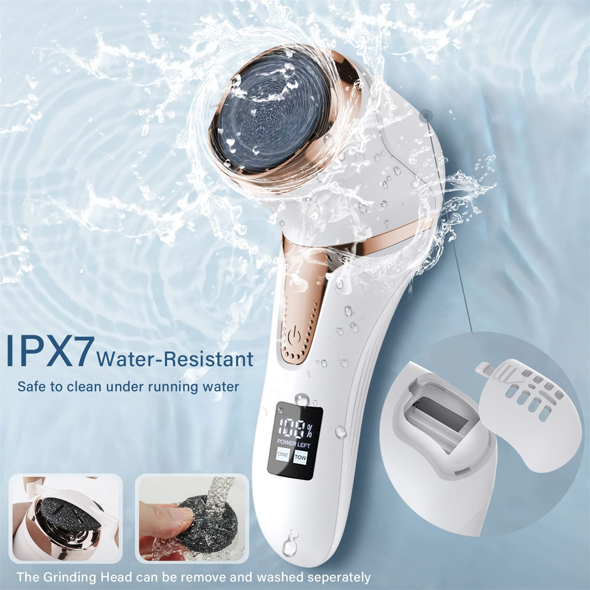 Weißer Fußschleifer mit Wasserspritzeffekt. Es hat ein digitales Display und einen abnehmbaren Schleifkopf.