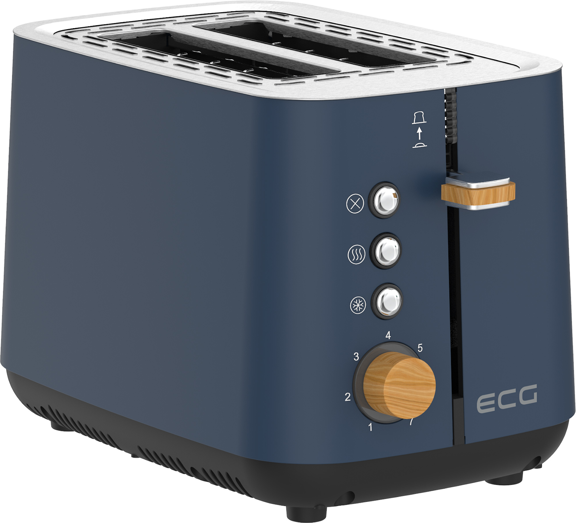 Blauer Toaster mit Holzgriff, Einstellungen und Drehknopf sowie ECG-Logo auf weißer Oberfläche.