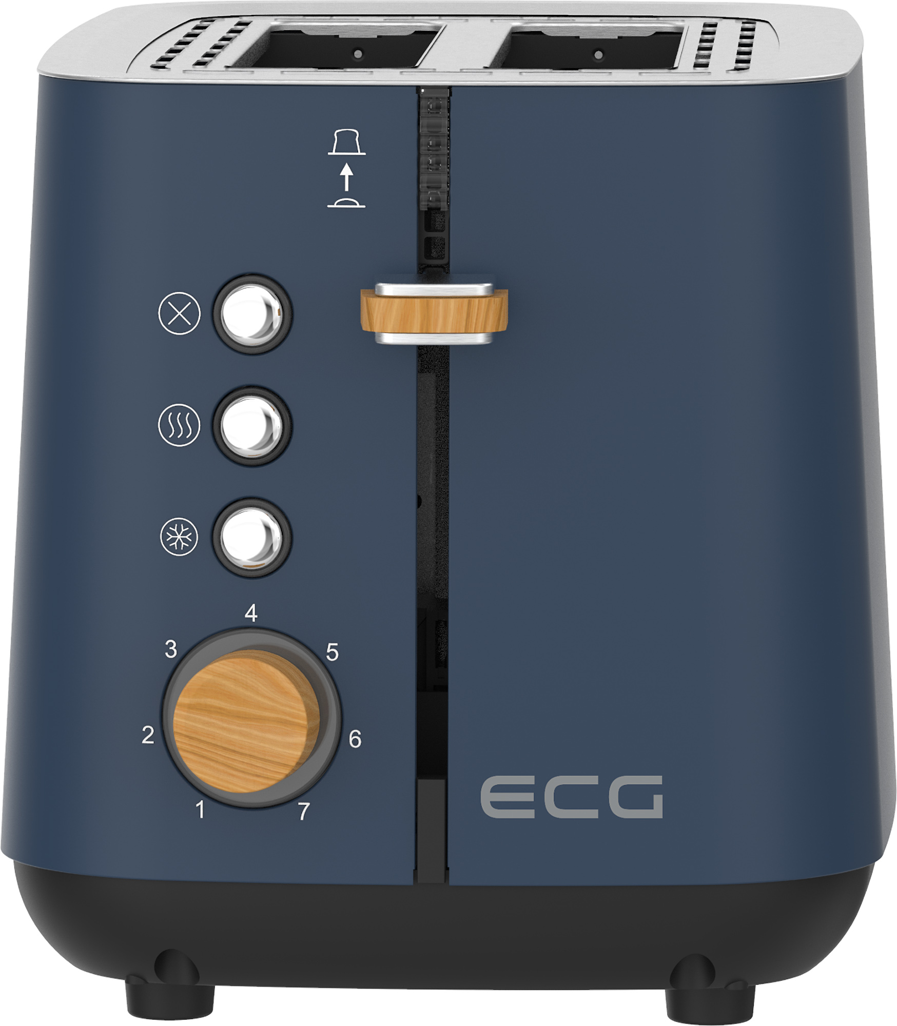 Marineblauer Toaster mit Holzakzenten. Mit Drehreglern und Knöpfen. Marke ECG sichtbar.