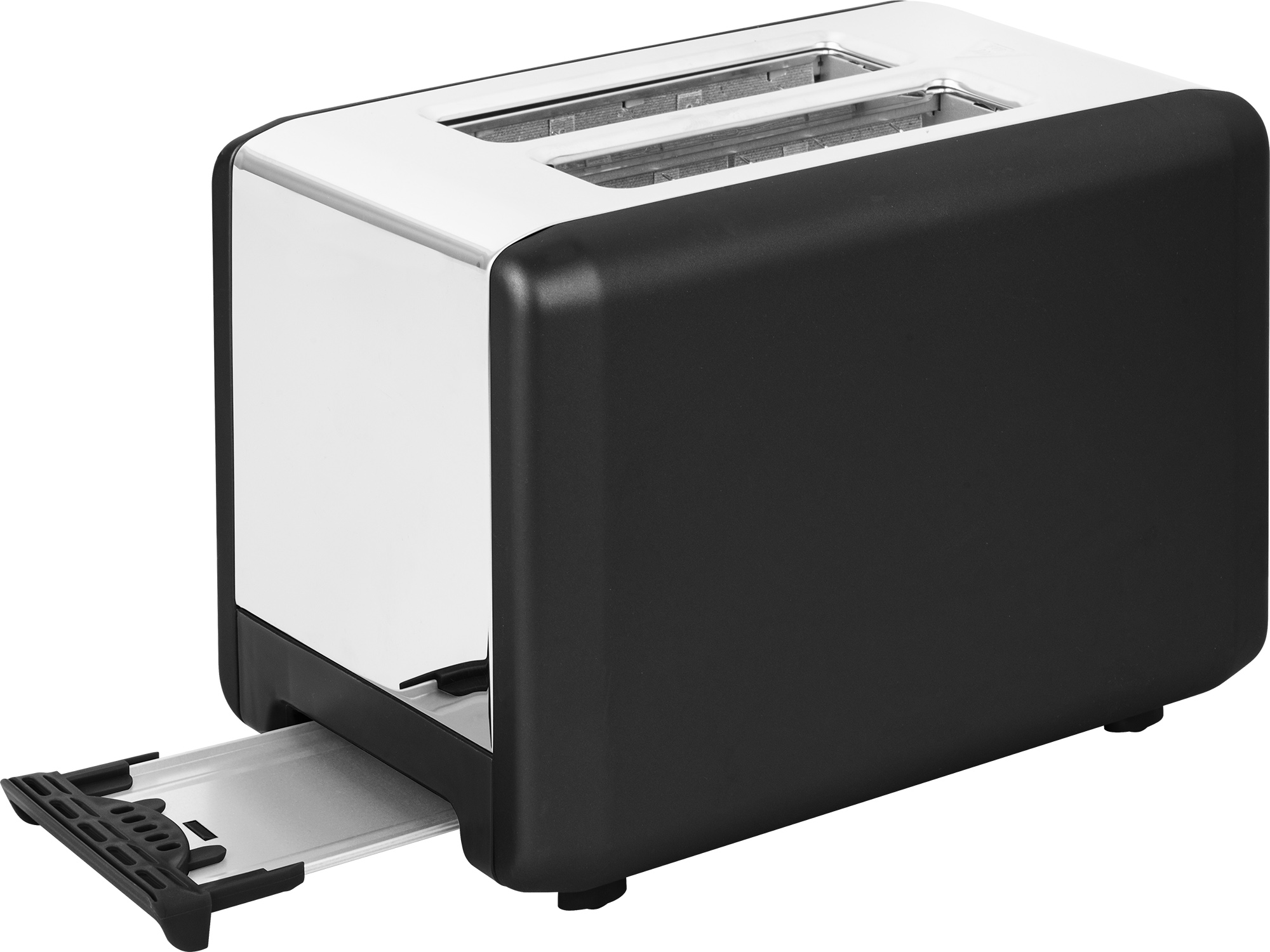 Czarny i srebrny toster z dwoma otworami i wysuniętą tacką na okruchy.