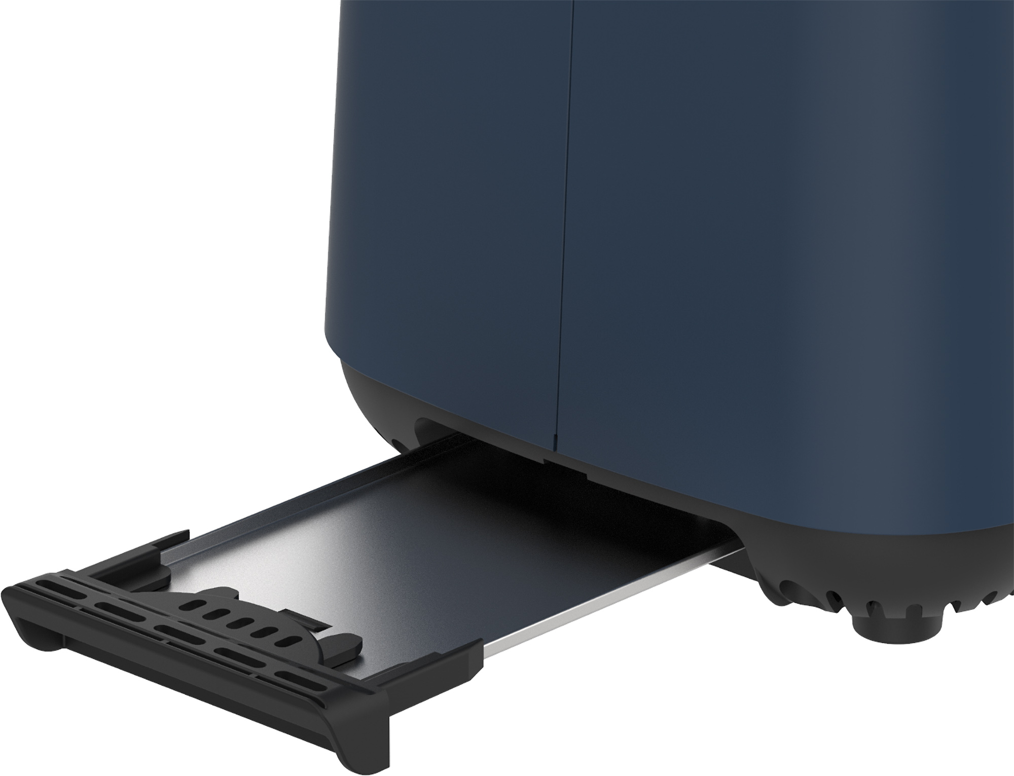 Blauer Toaster mit herausragender Ablage, auf weißem Hintergrund.
