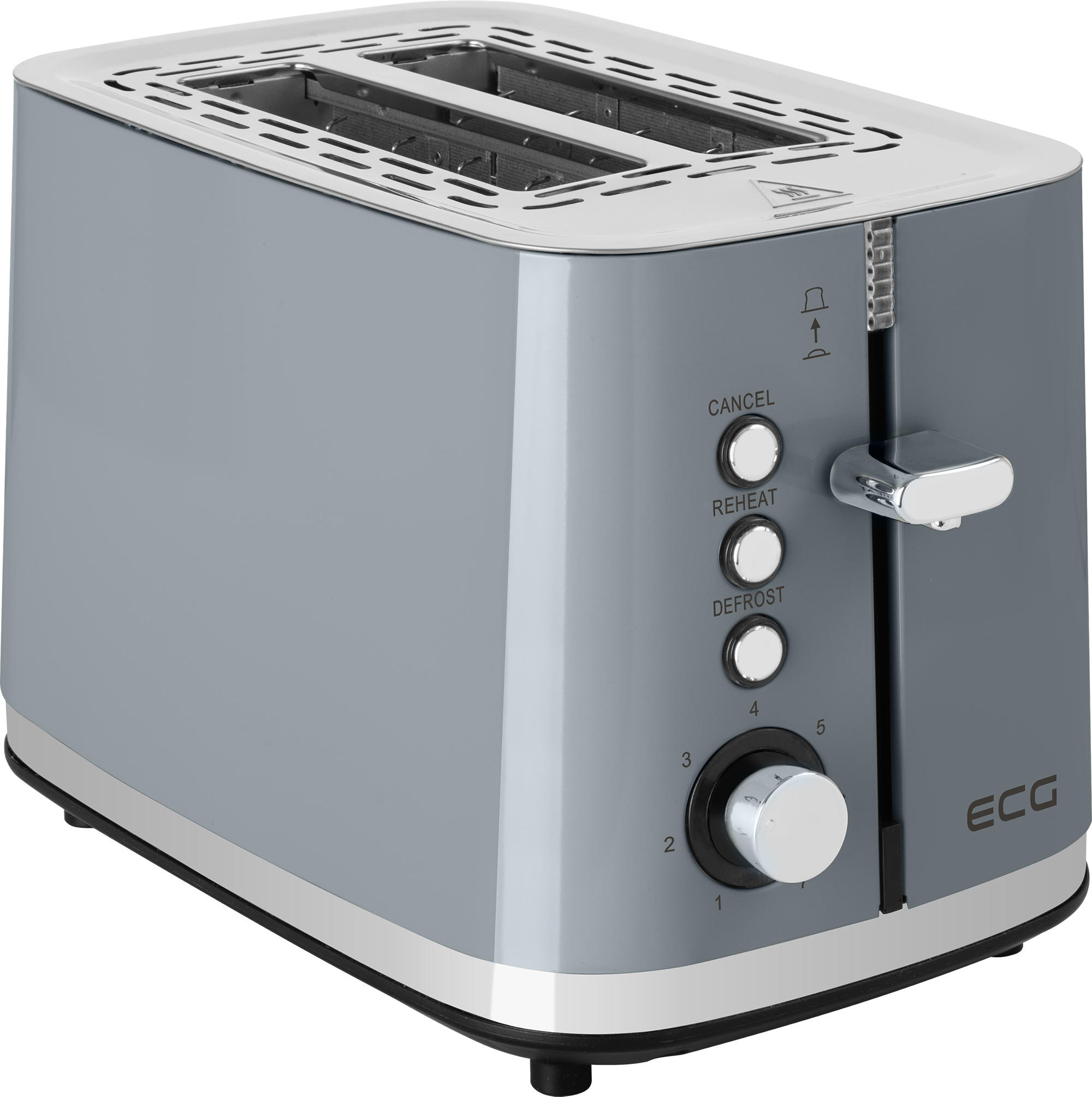 Ein grauer Toaster mit silberner Oberseite und Tasten für Abbrechen, Aufwärmen und Auftauen. Nummeriertes Zifferblatt.
