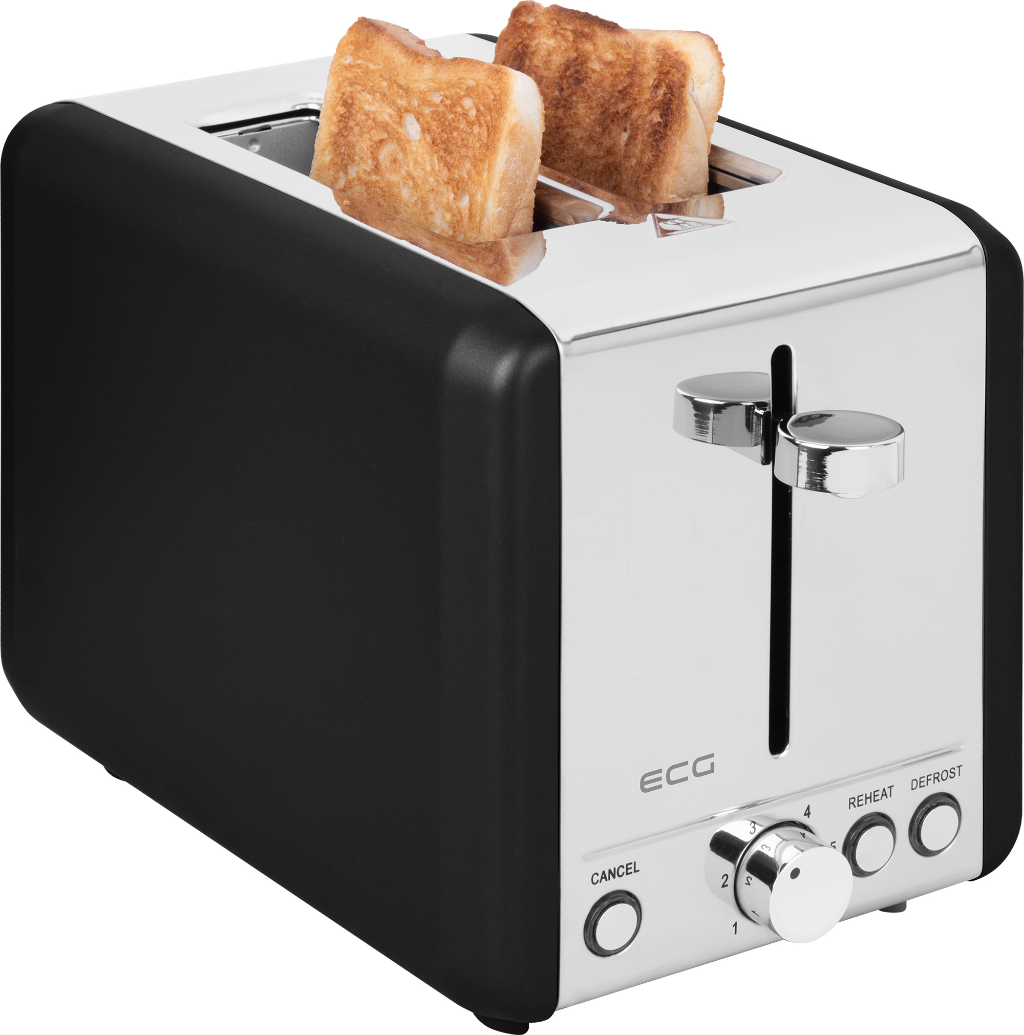 Czarny i srebrny toster z dwoma kromkami tostowanego chleba. Widoczne ustawienia.