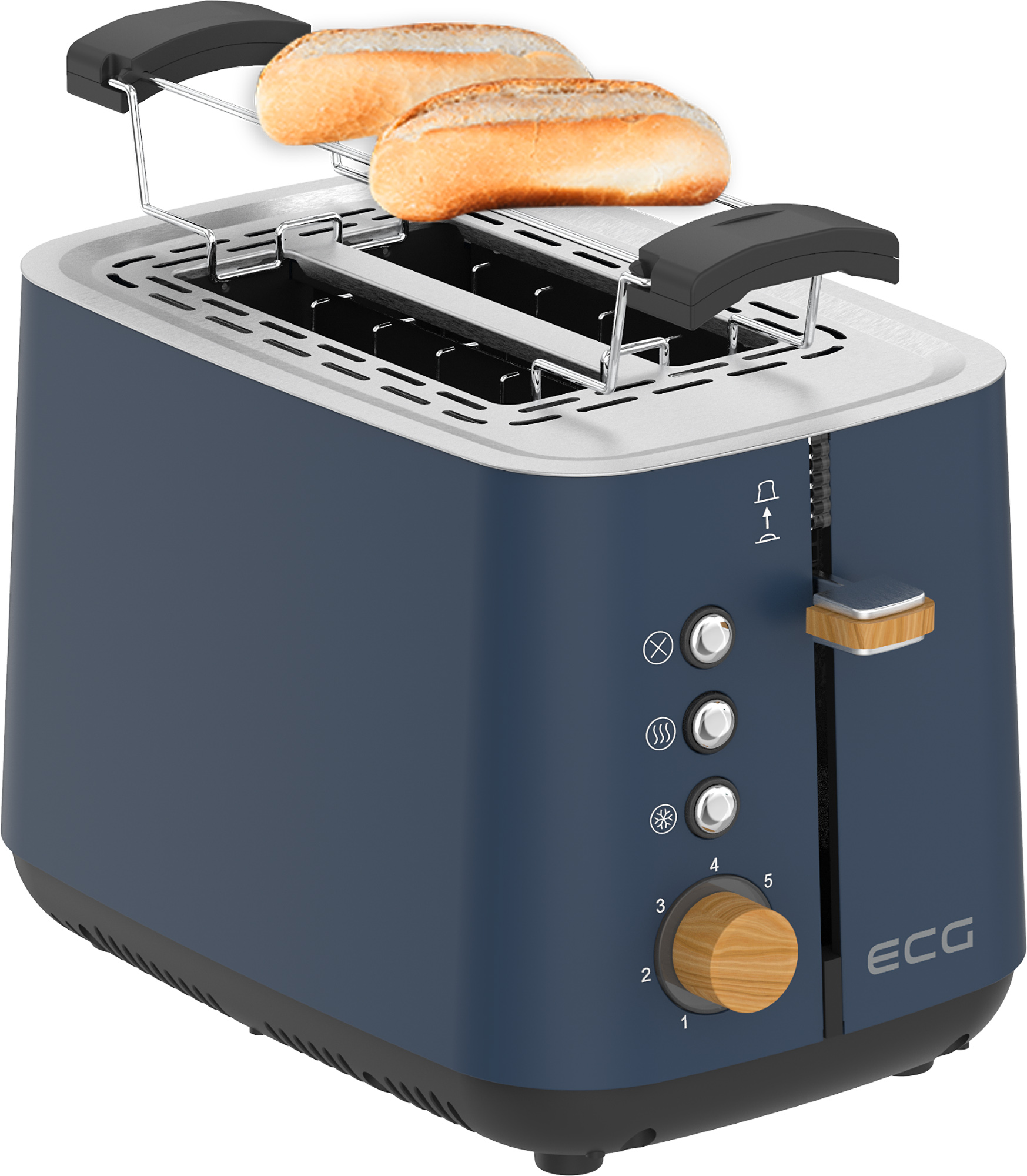 Ein blauer Toaster mit zwei Brotscheiben oben drauf.