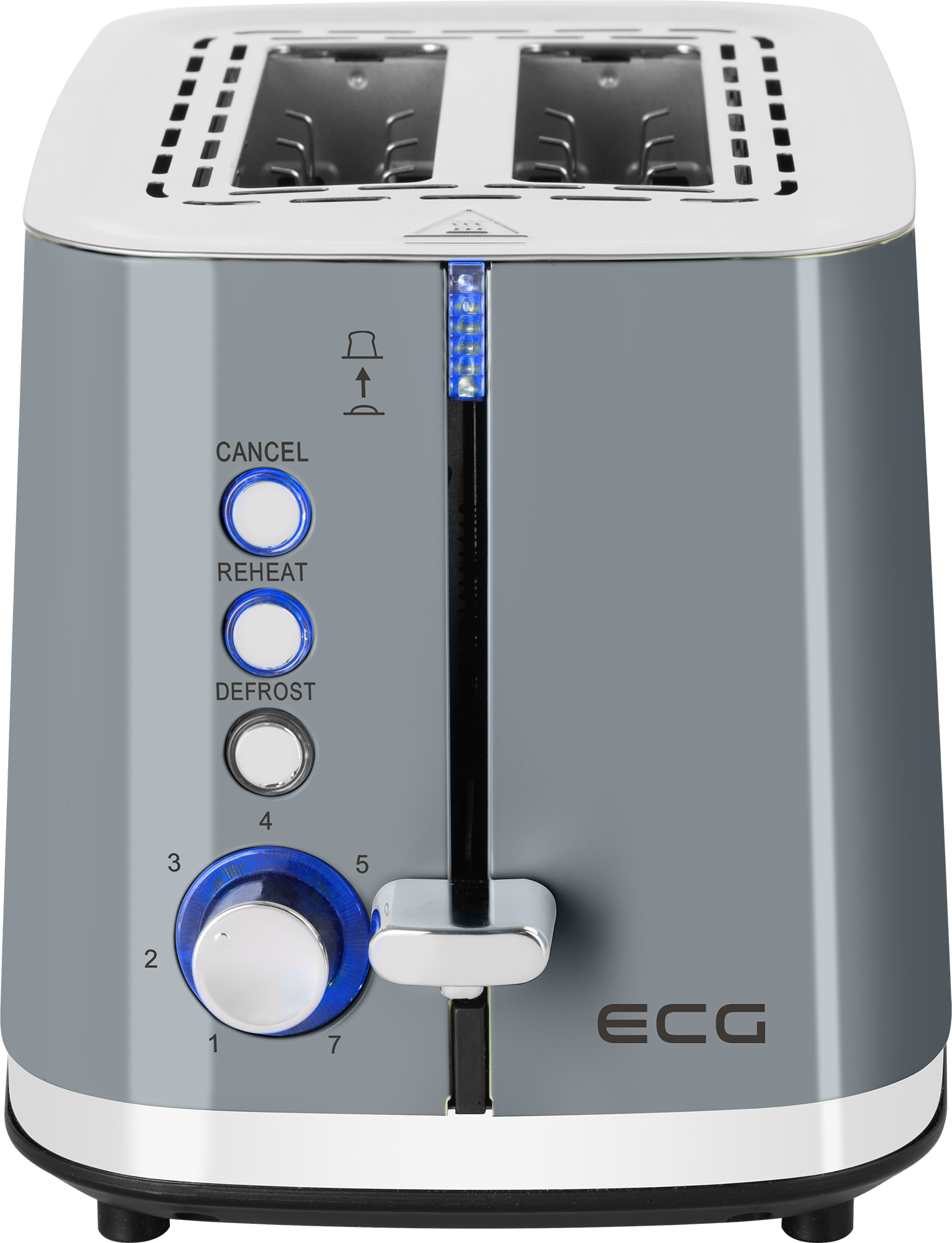 Ein grau-weißer Toaster mit blauen Knöpfen und einem Drehregler, mit dem Wort ECG darauf.