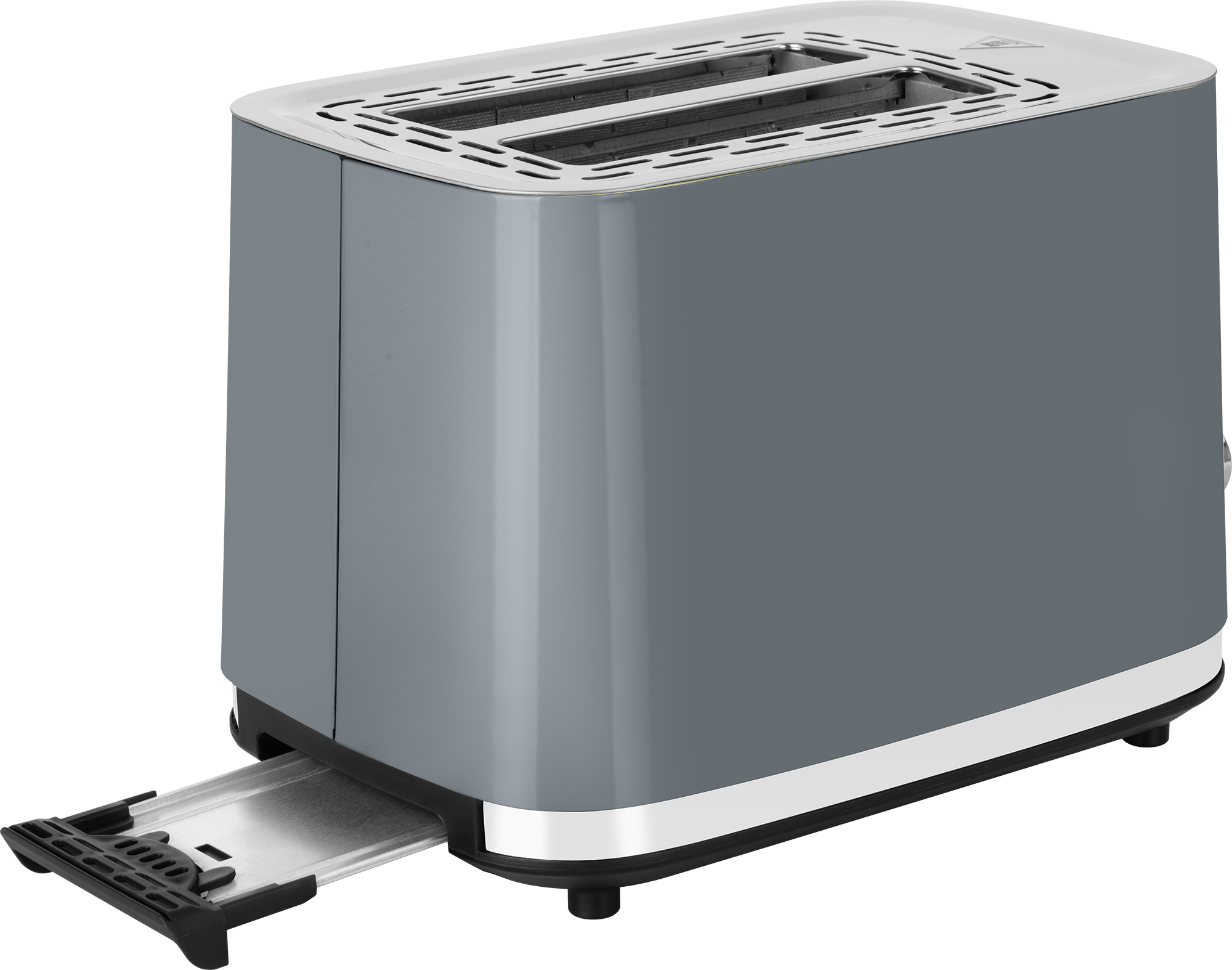 Grauer Toaster mit zwei Schlitzen und ausziehbarer Krümelschublade.