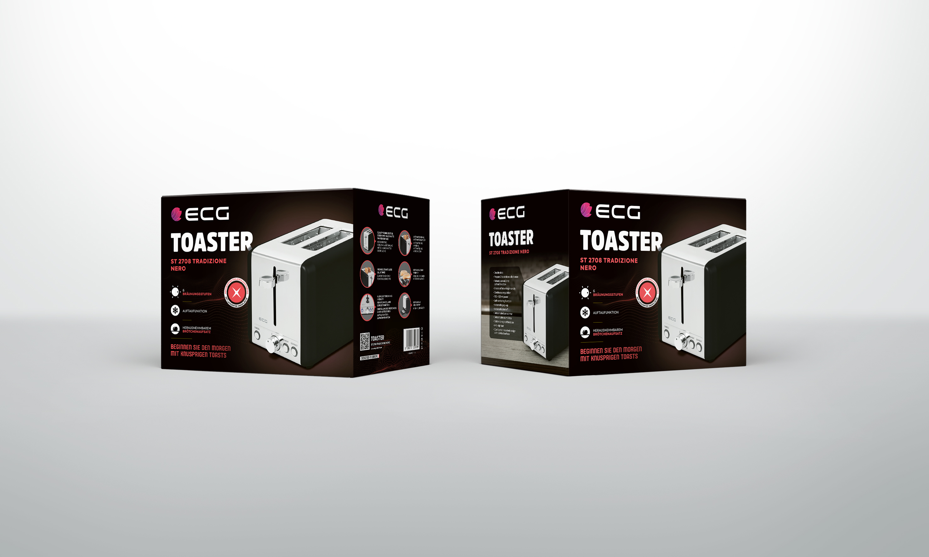 Zwei Kartons eines Toasters auf weißem Untergrund, Produkt und Merkmale zeigend.