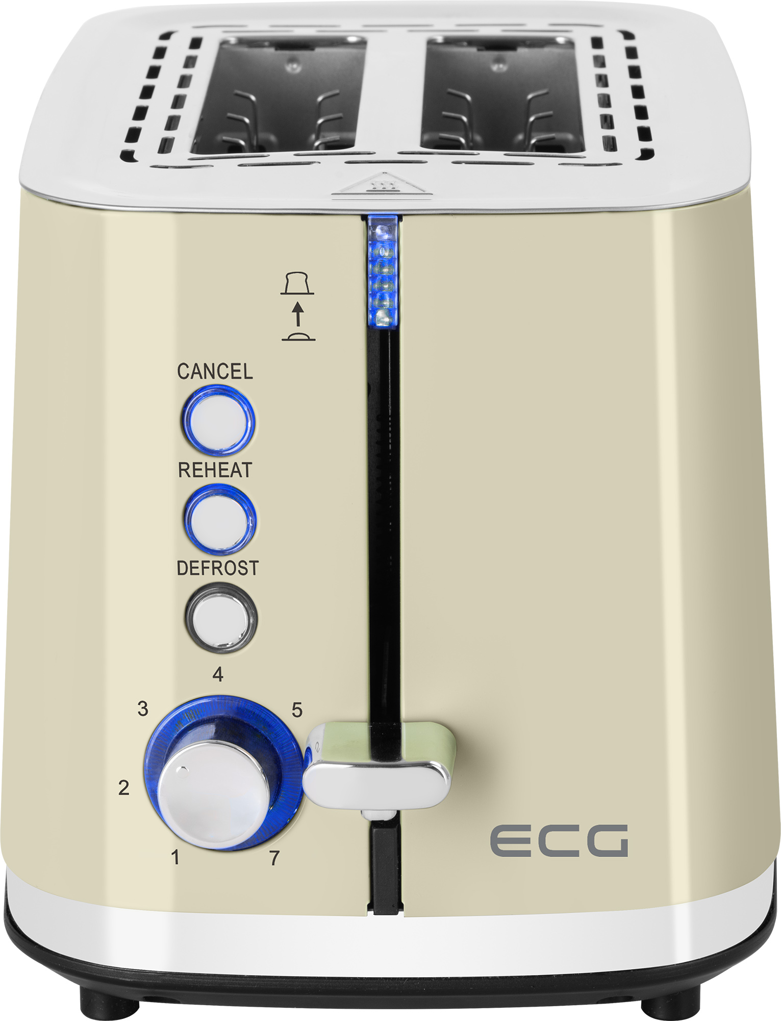 Tostapane beige con pulsanti e manopola blu, due fessure e logo ECG.