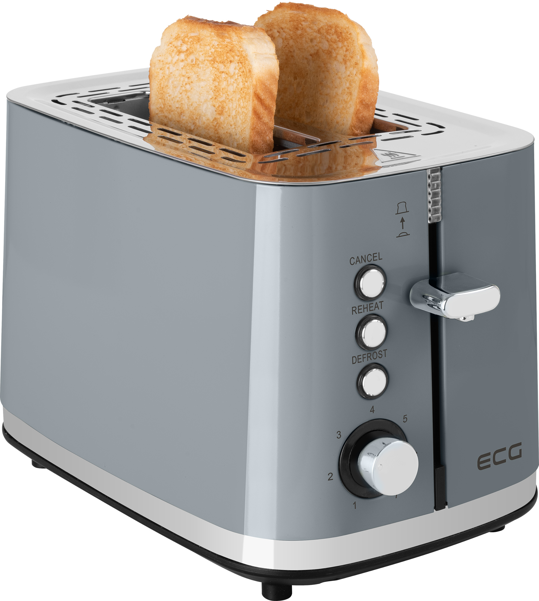 Ein grauer Toaster mit zwei Toastscheiben. Es gibt Knöpfe und einen Drehregler. Weißer Hintergrund.