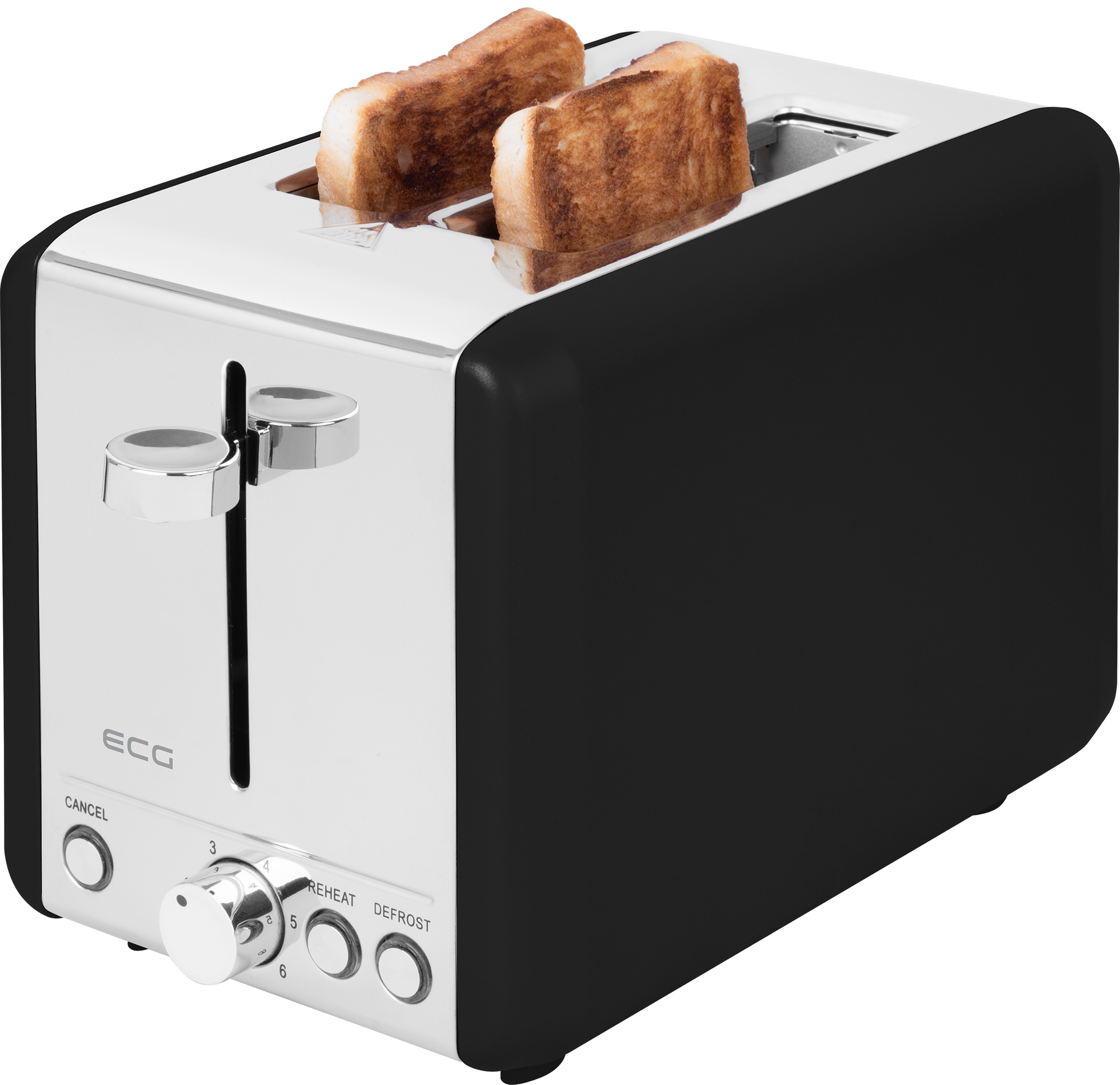 Czarno-srebrny toster z dwoma kromkami tostowanego chleba w środku. Ma pokrętła i przyciski.