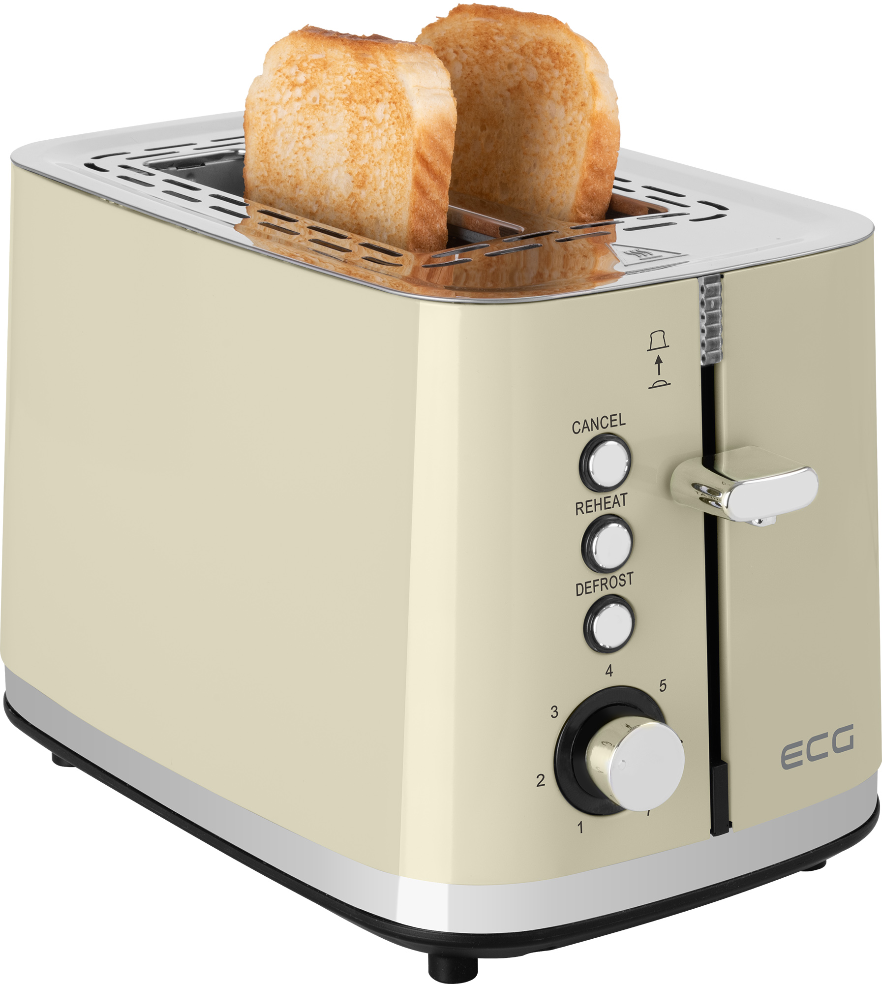 Tostapane color crema con due fette di pane tostato. Ci sono pulsanti per annullare, riscaldare e scongelare.