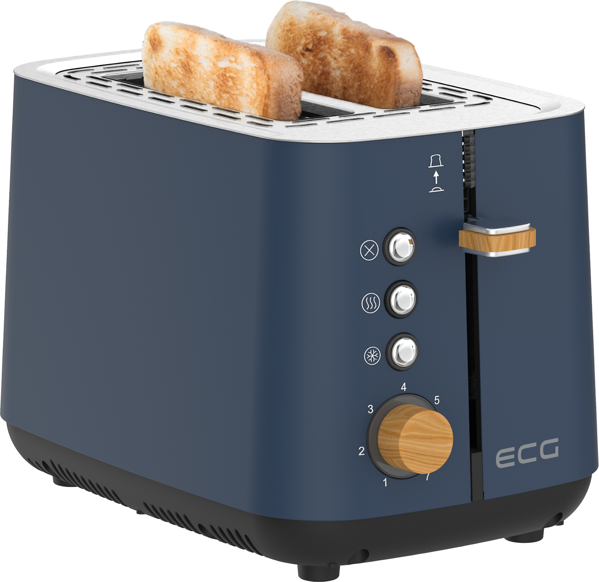 Blau-weißer Toaster mit zwei Toastscheiben. Es hat Holzakzente und Knöpfe.