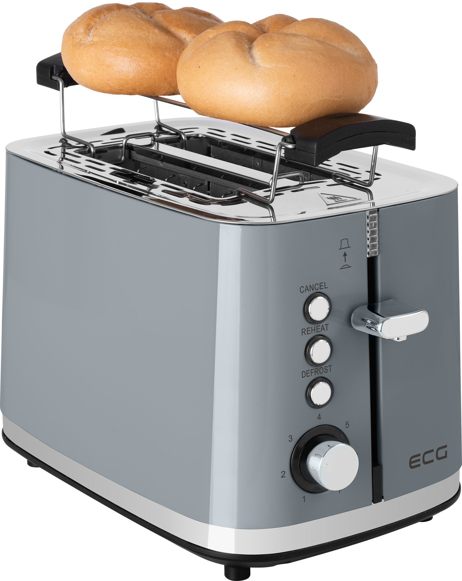 Ein grauer Toaster mit zwei getoasteten Brötchen oben und Bedienknöpfen.