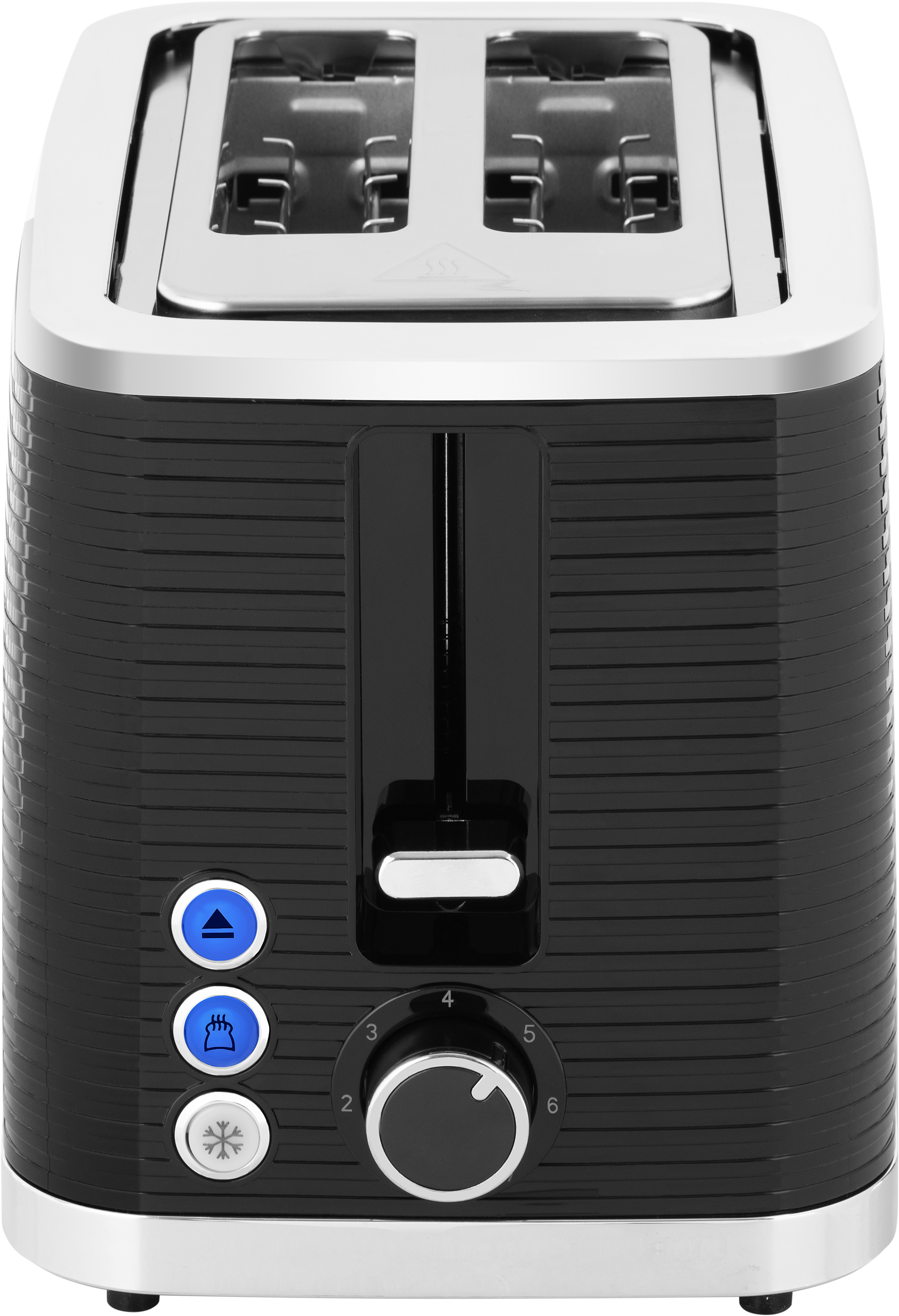 Czarny i srebrny toster z trzema przyciskami i pokrętłem, na białej powierzchni.