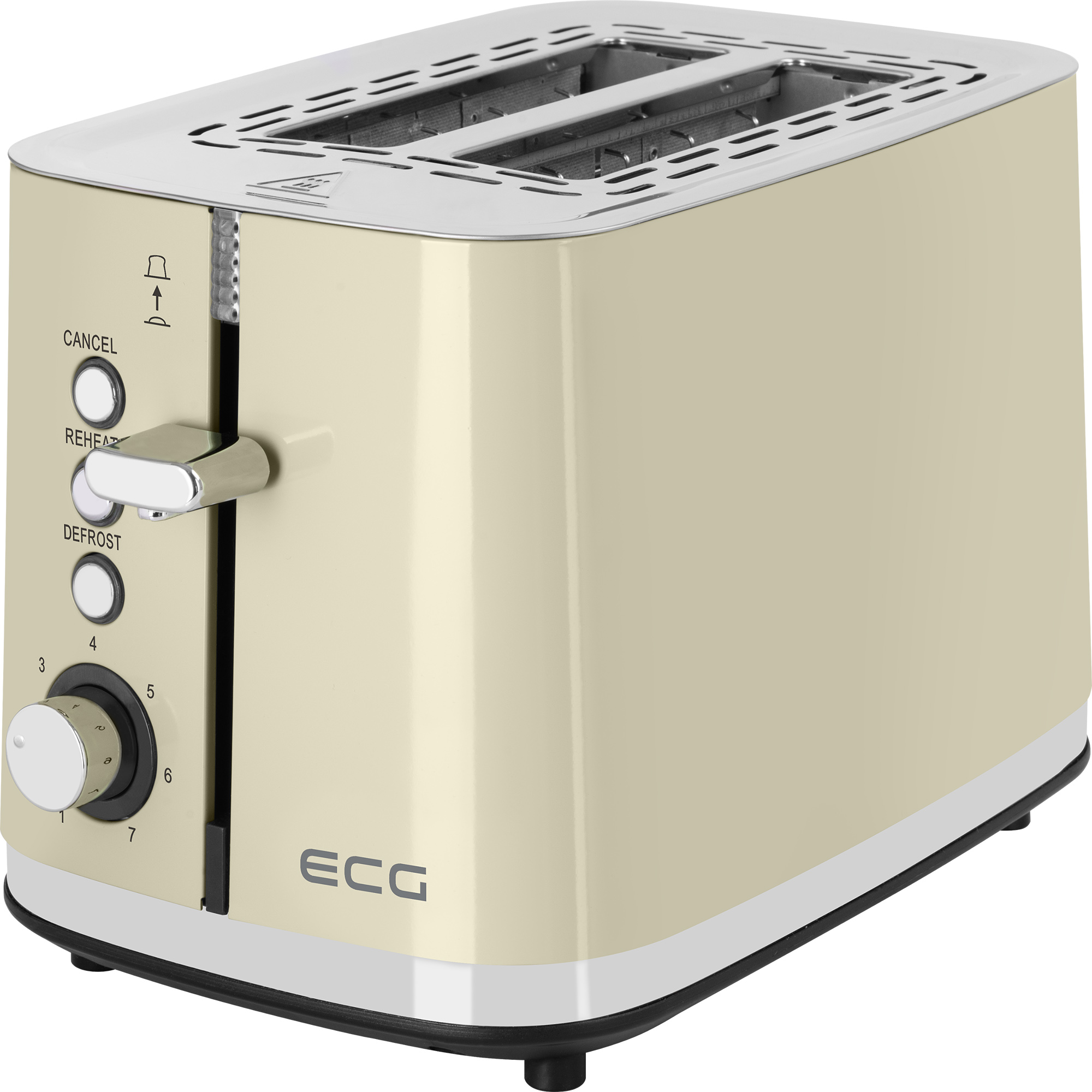 Creme- und silberfarbener Toaster mit Hebel, Knöpfen und einem Drehregler. Die Marke 'ECG' ist sichtbar.