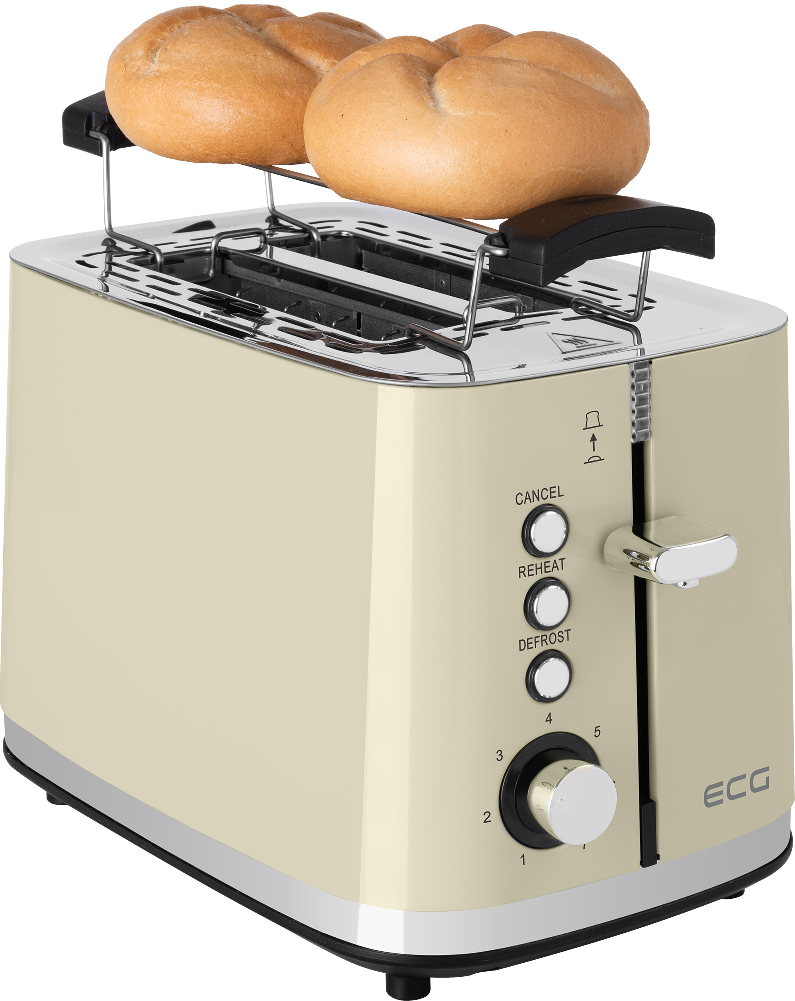 Un tostapane color crema con due panini tostati sopra.