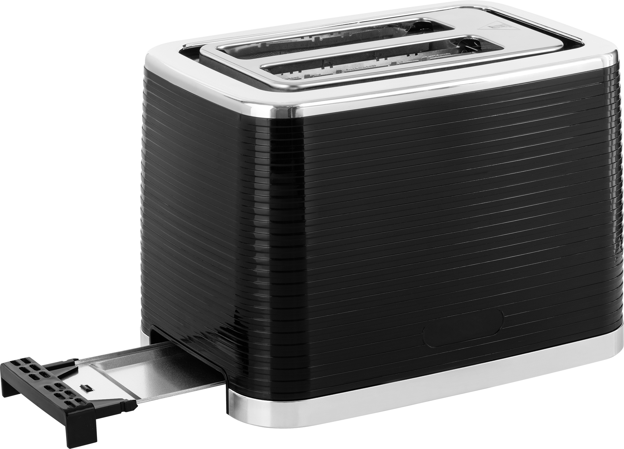 Czarny i srebrny toster z wysuwaną tacą. Prążkowany wzór na czarnej powierzchni.