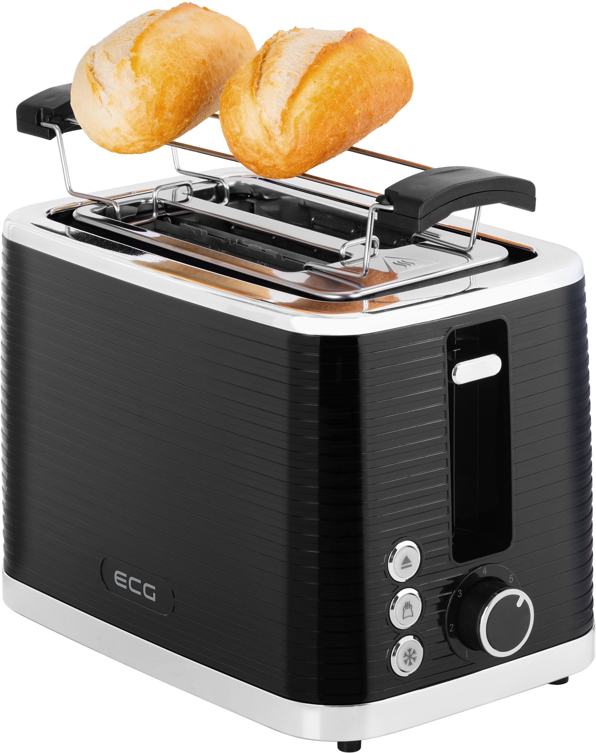 Czarny i srebrny toster z dwoma tostowanymi bułkami na górze, na białym tle.