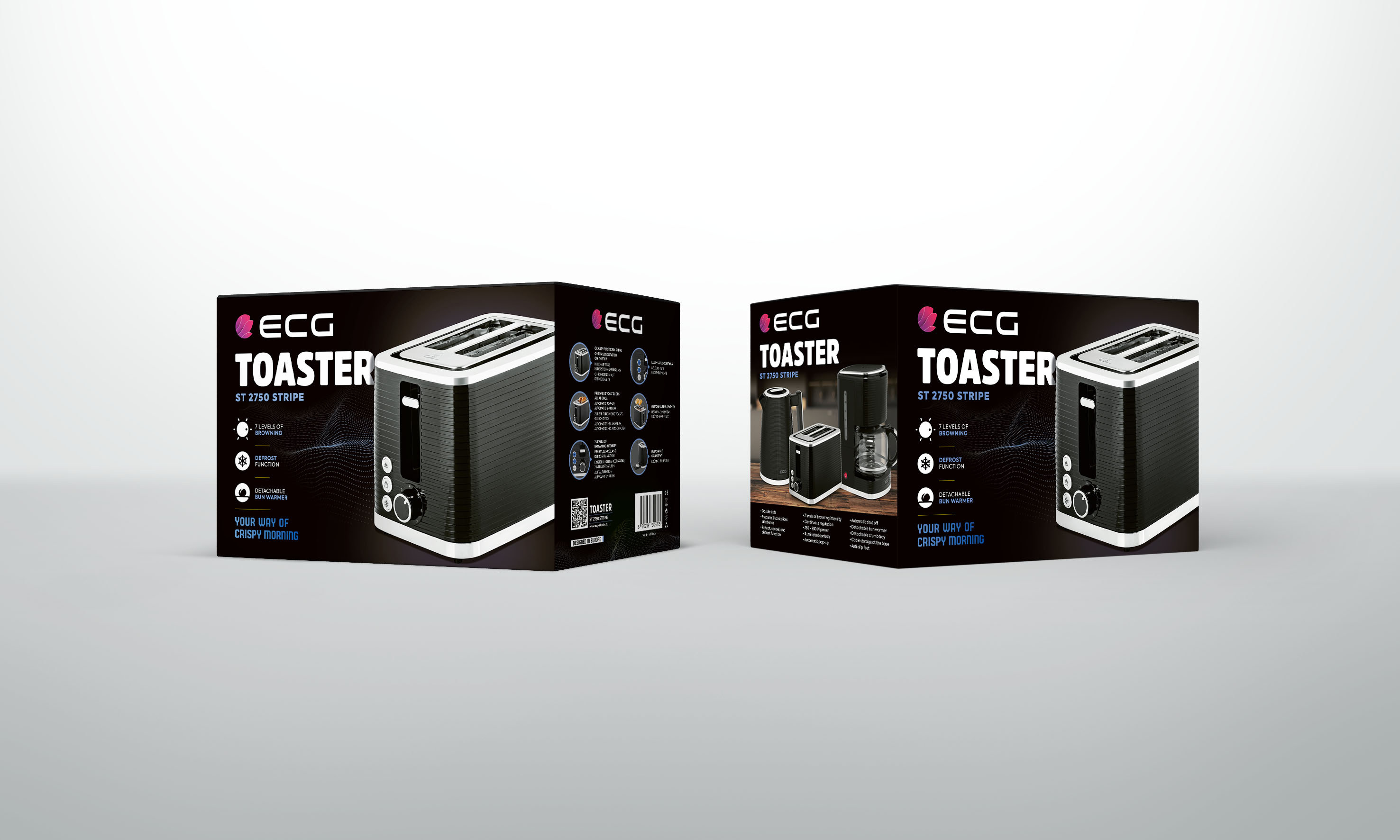 Dwa pudełka z tosterami obok siebie. Każde pudełko ma zdjęcia tostera i jego funkcji.