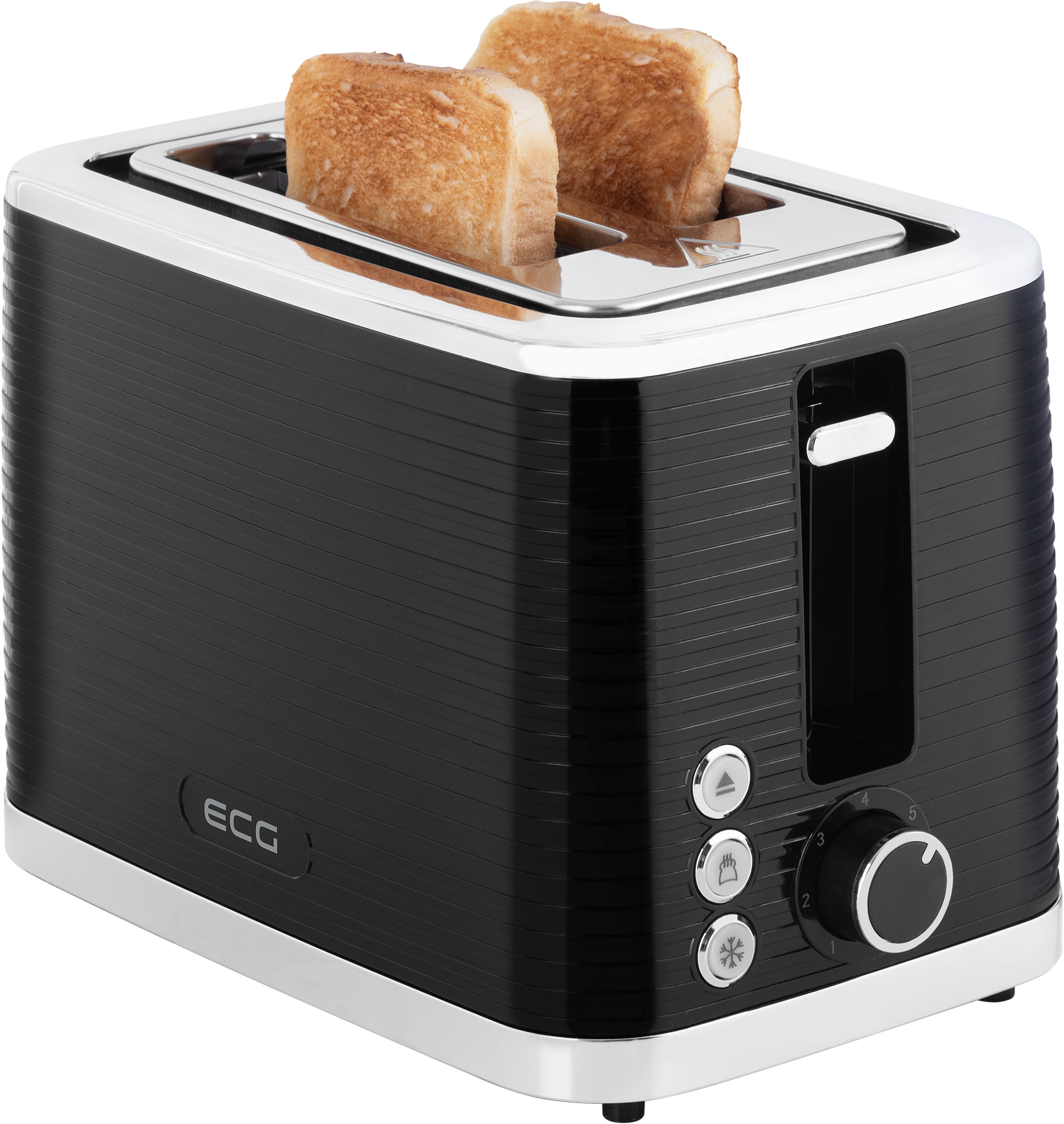 Czarny i srebrny toster z dwoma kromkami tostów. Widoczne przyciski i pokrętło.