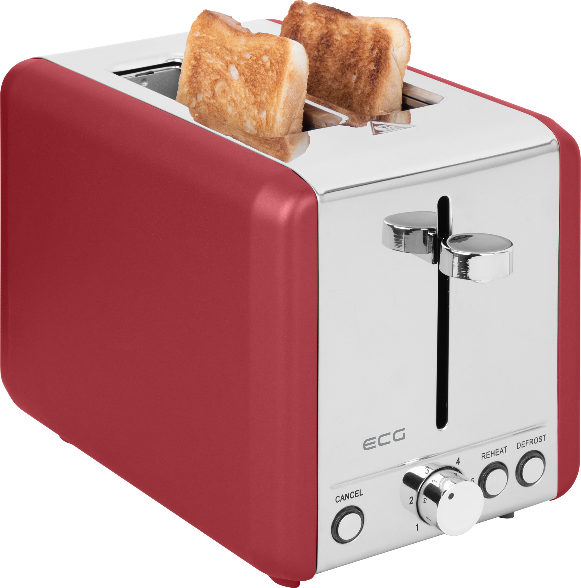 Czerwony toster z dwoma kromkami tostów w środku. Ma pokrętło i przyciski do różnych ustawień.