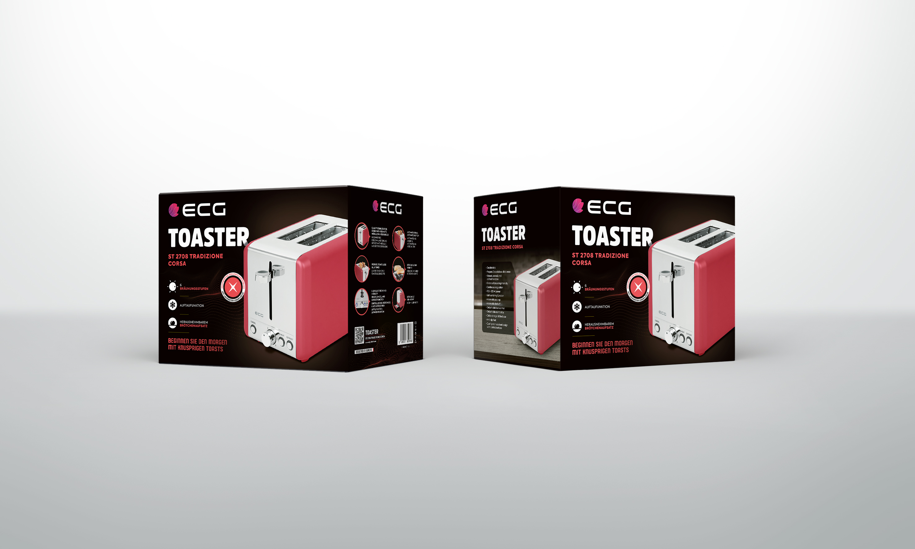 Zwei Kartons eines rot-weißen Toasters. Eine Box zeigt den Toaster, die andere Produktdetails.