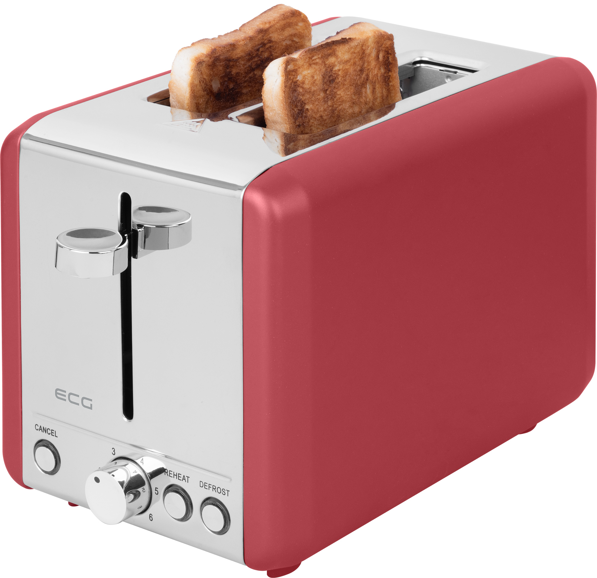 Czerwony i srebrny toster z dwoma kromkami tostowanego chleba w środku.